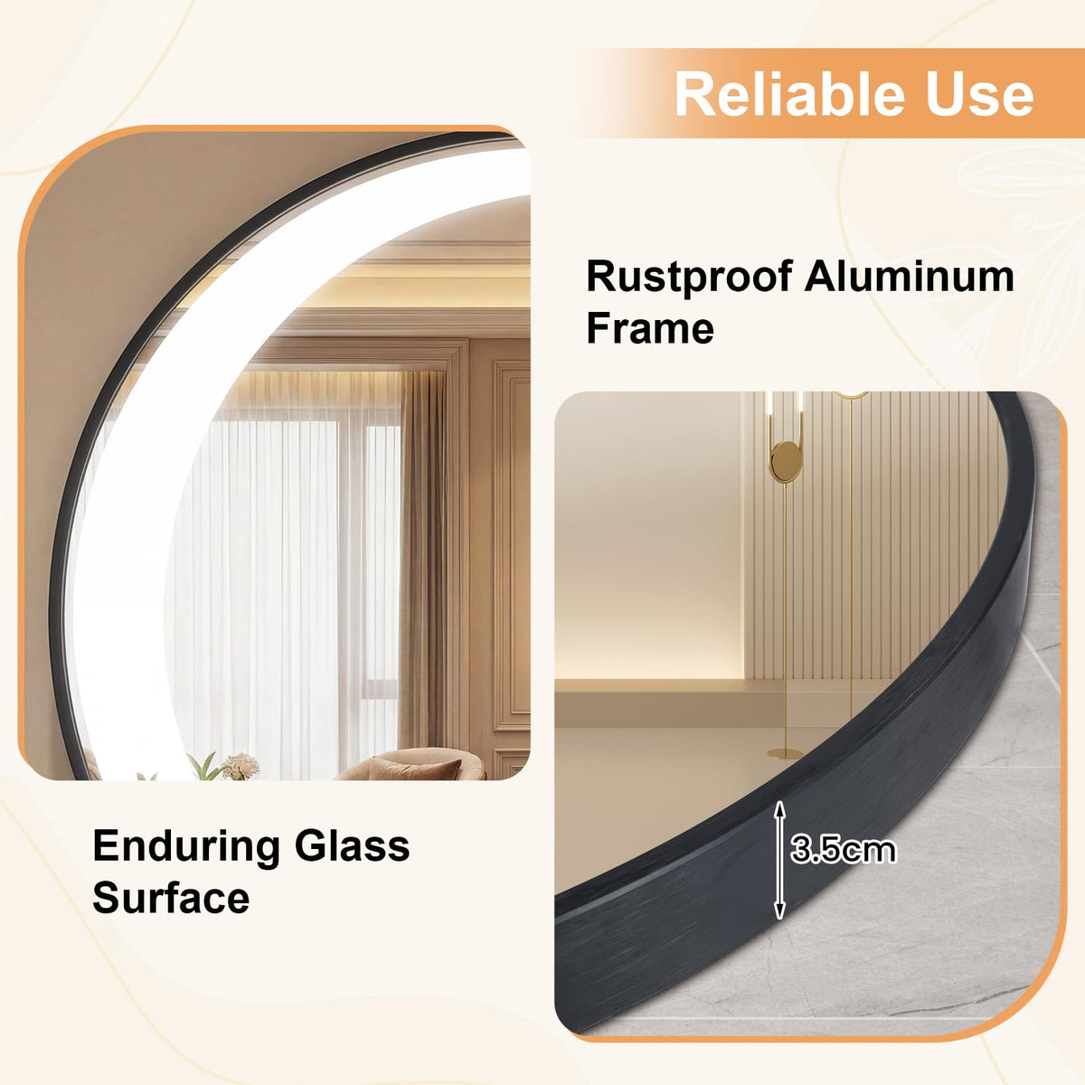 61 cm Round LED Bathroom Mirror with Anti-Fog Function and 3 Light Colors