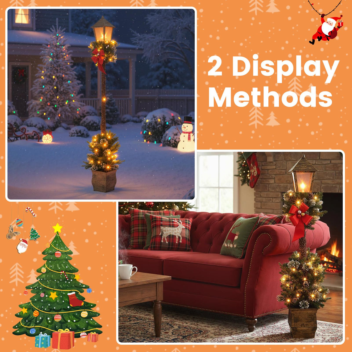 187cm Christmas Pre-lit Street Lamp Holiday Lamp Post with Artificial Greenery