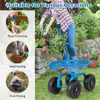 Garden Cart with Seat, Heavy-Duty Rolling Outdoor Wagon Scooter w/Height Adjustable & 360° Swivel Seat