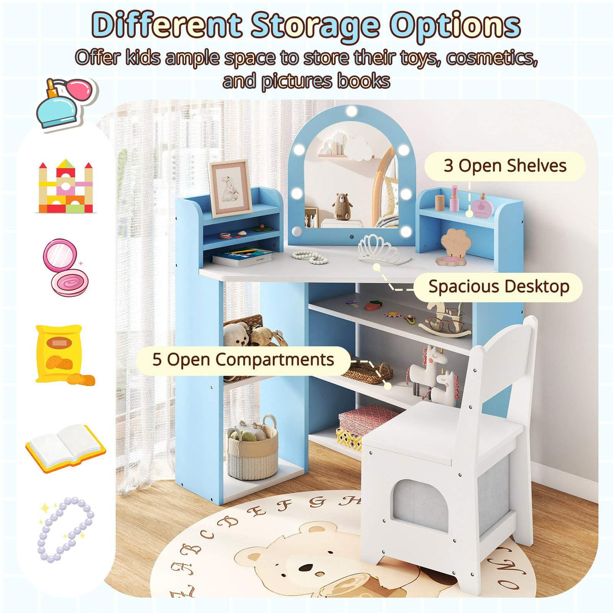 Corner Kids Vanity with Lights and 3 Storage