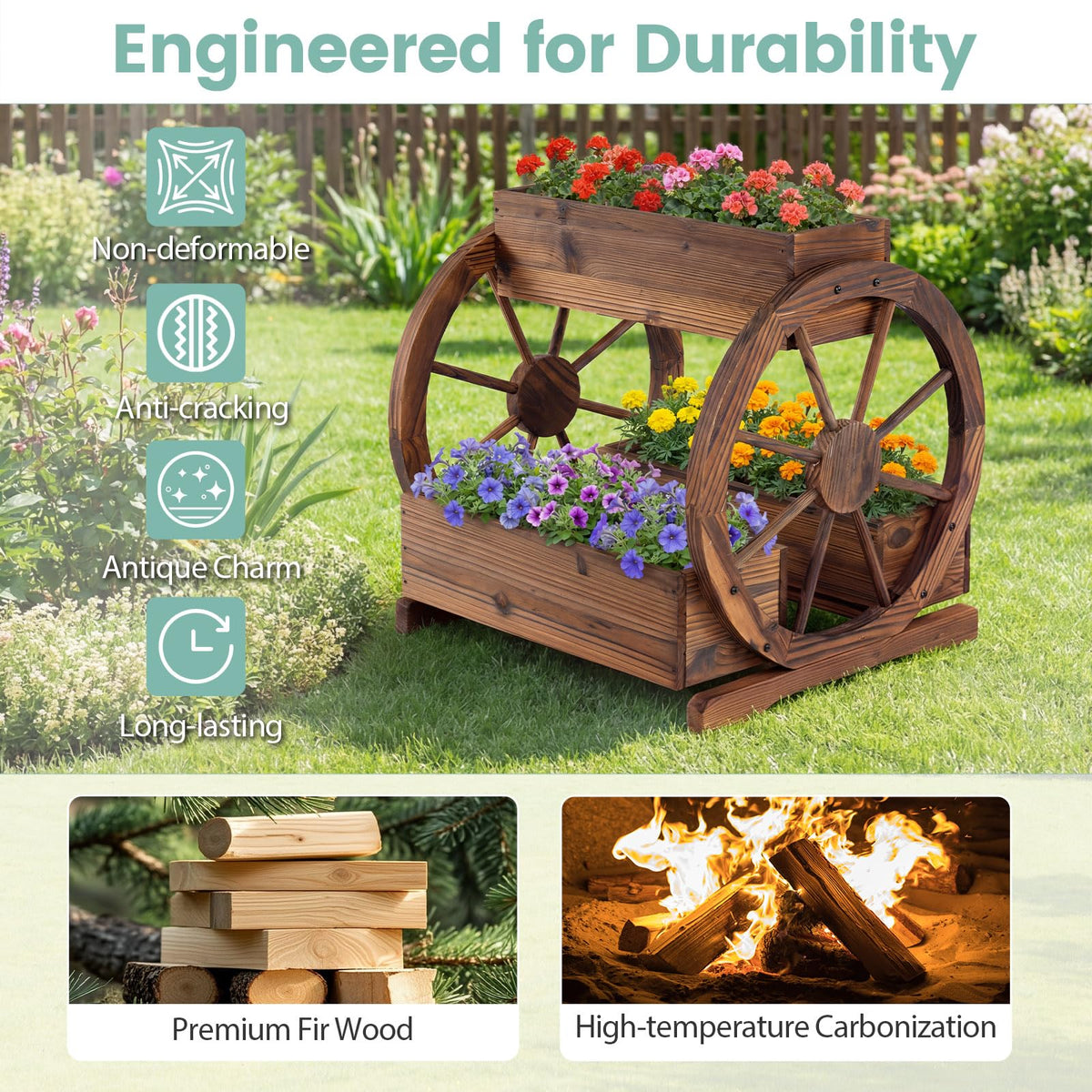 Wood Wagon Planter 2-Tier with 3 Growing Boxes and Wheels