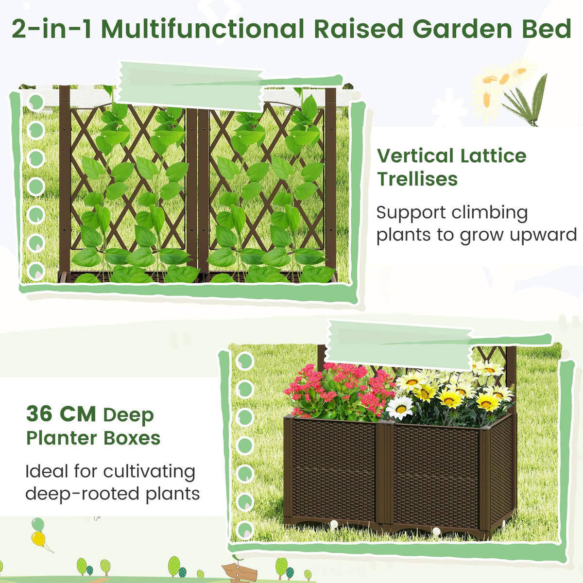 Elevated Planter Box with Trellis for Patio Balcony Vertical Garden