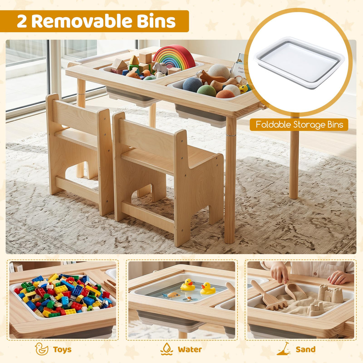 Kids Sensory Table and Chair Set with Adjustable Height 2 Bins for Water Sand Play