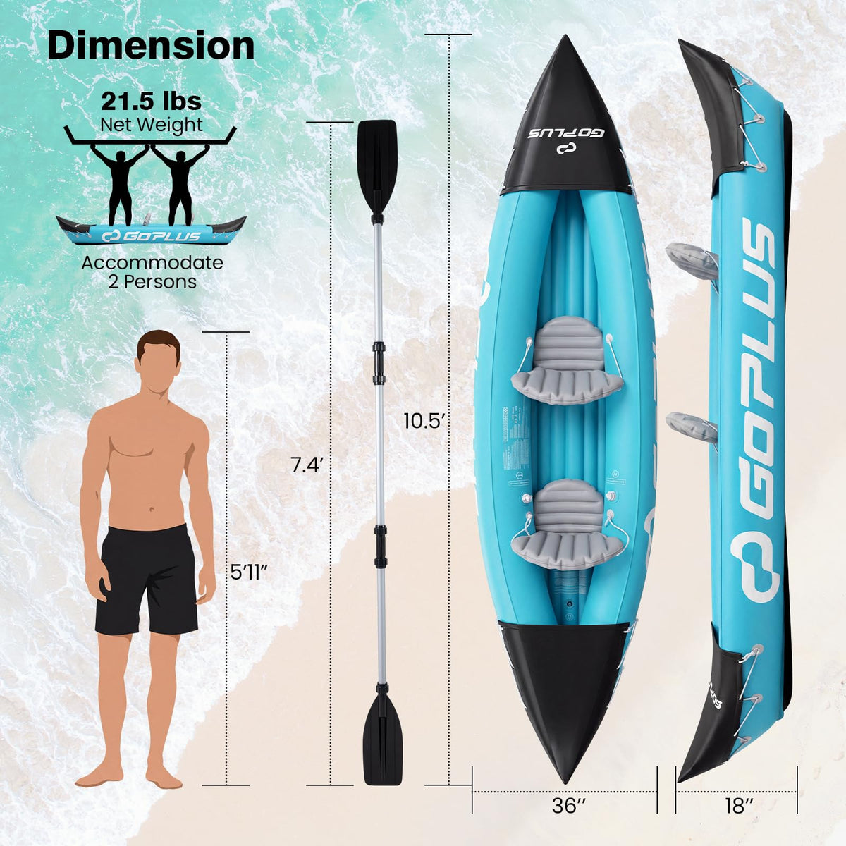 Inflatable Kayak 2 Person, 10.5 FT Tandem Touring Kayak