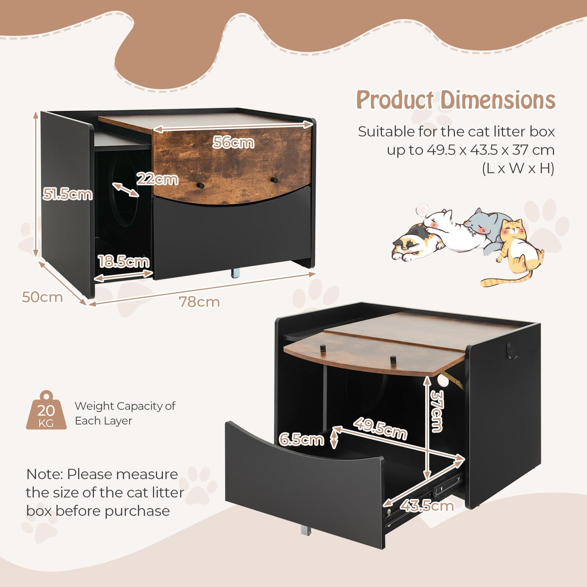 Cat Litter Box Enclosure with Pull-Out Drawer, Rolling Caster, Flip Door