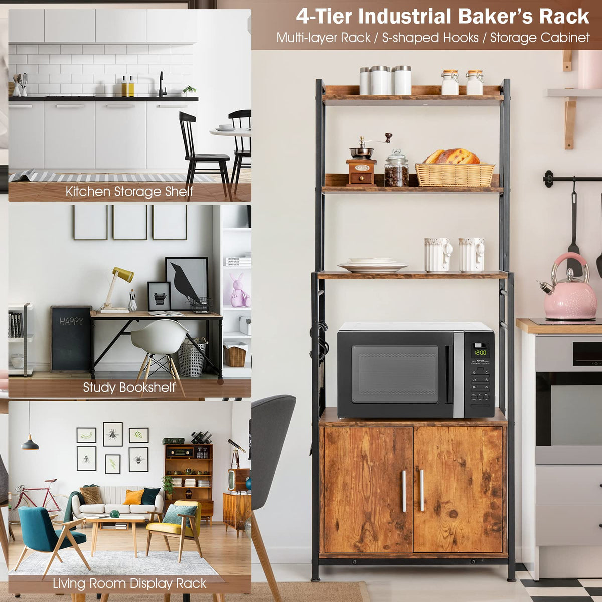 Giantex 4-Tier Baker’s Rack, Kitchen Storage Cabinet w/ 3 Tier Hutch Shelf, Industrial Microwave Oven Stand