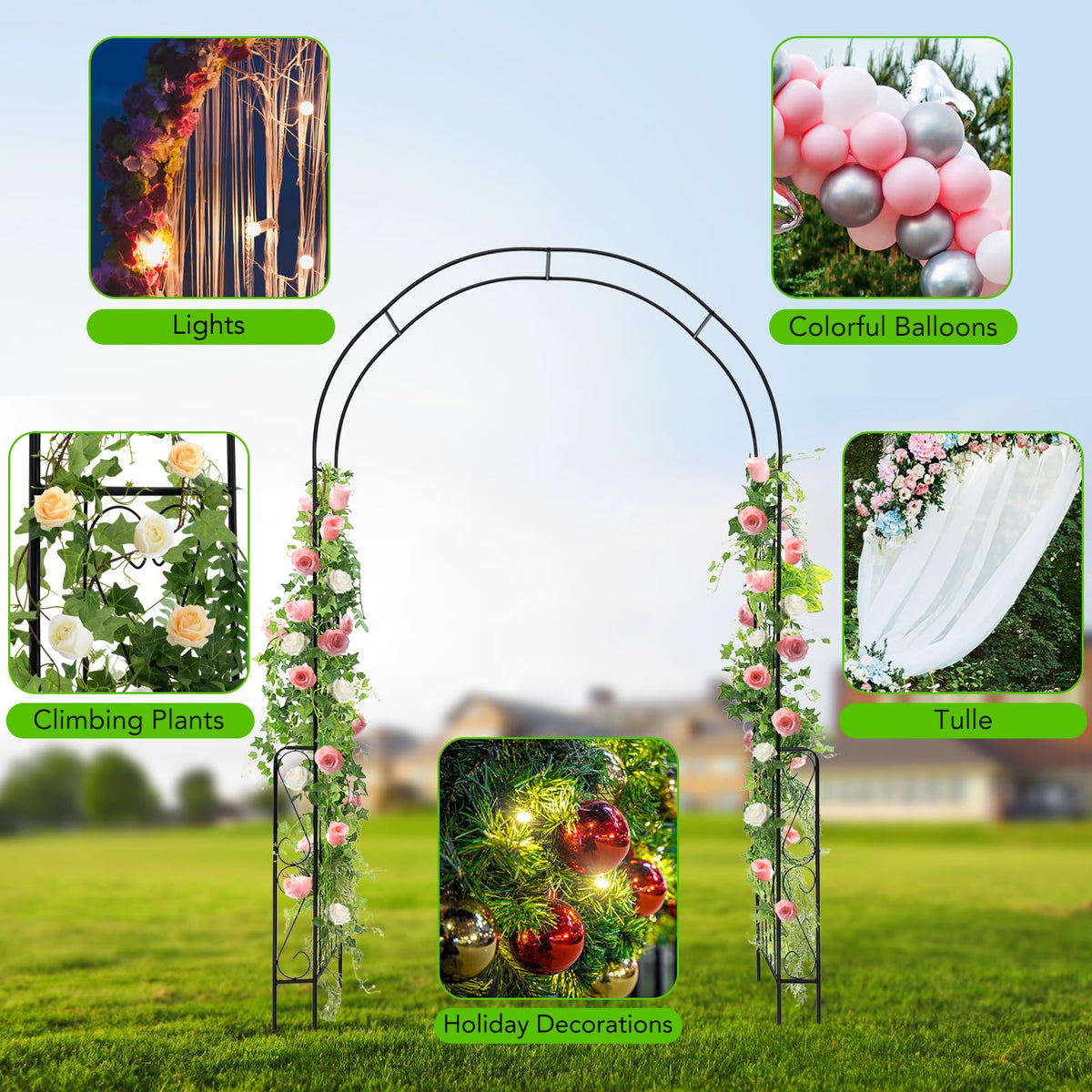 Metal Garden Arch, 240 cm Backdrop Stand for Various Climbing Plants, Assembly Freely Pergola Arbor w/Stable Frame