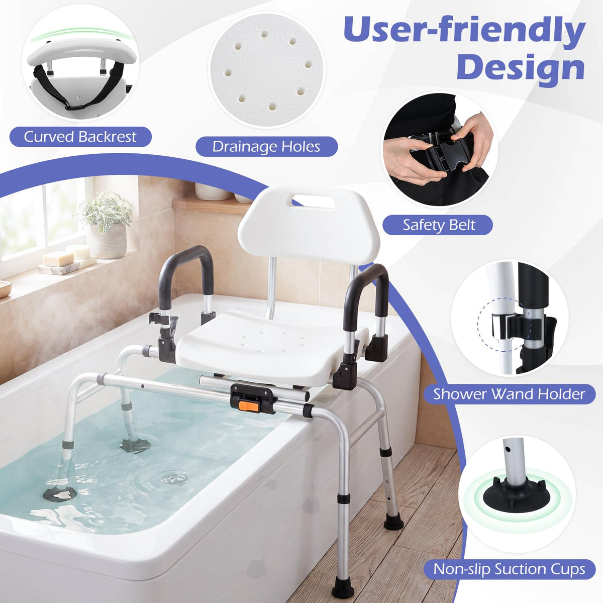 Sliding Shower Chair with Backrest, Duty Non-Slip Tub Transfer Bench w/Swivel Seat