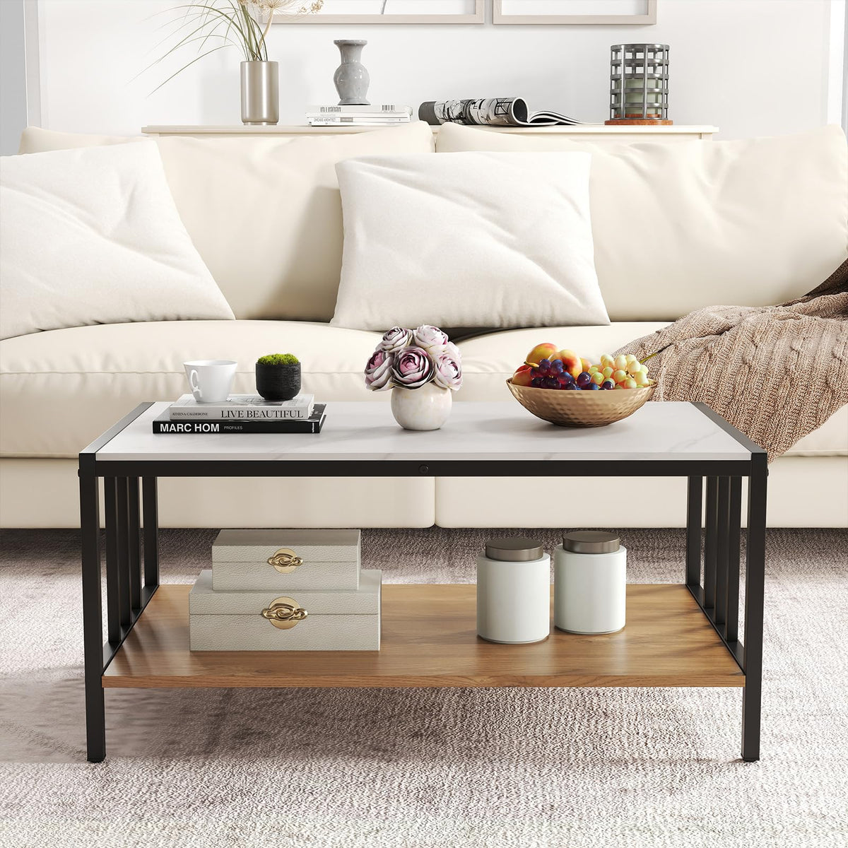 2-Tier Rectangular Center Table with Sintered Stone Tabletop