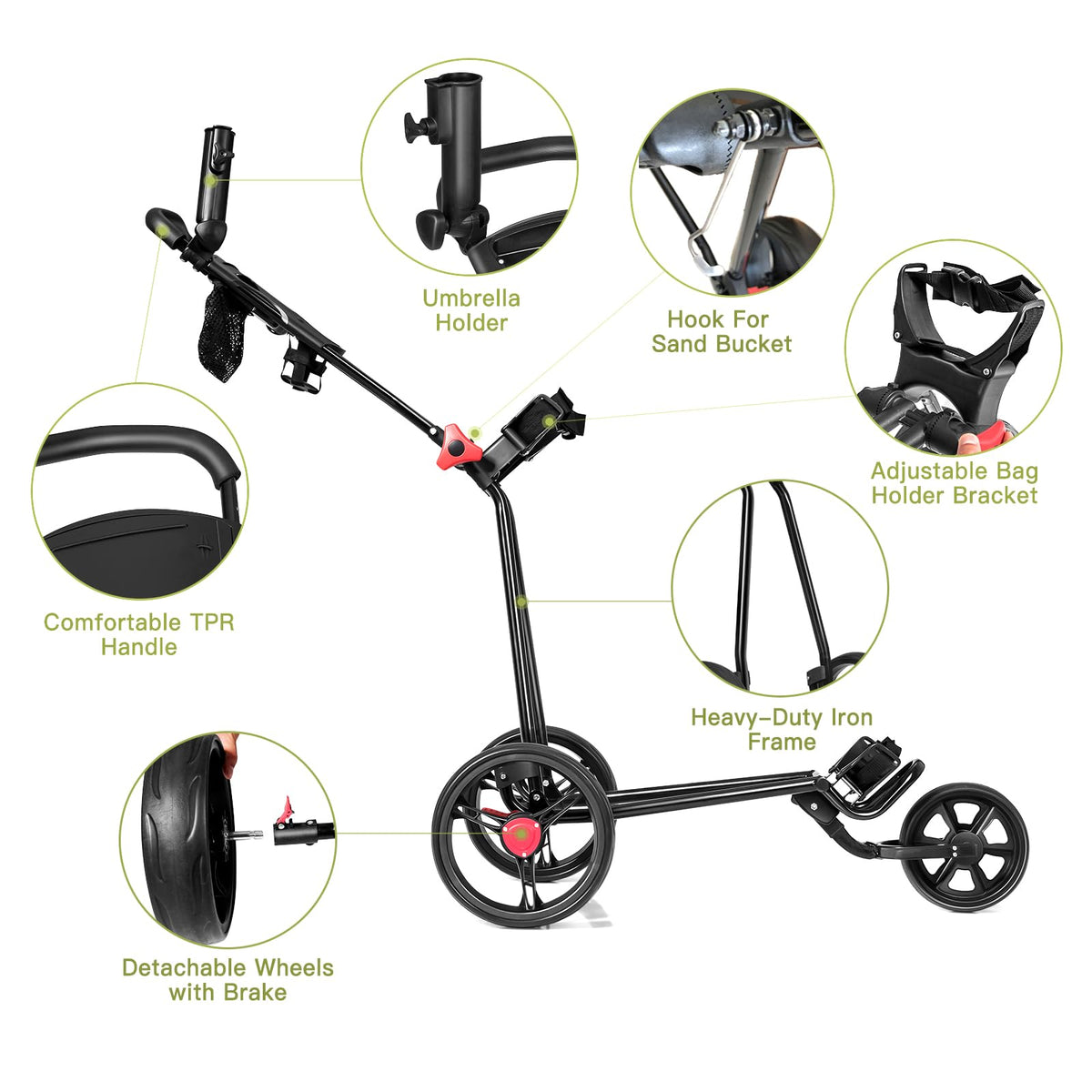 3 Wheel Golf Push Cart, Folding Collapsible Lightweight Iron Golf Pull Cart with Adjustable TPR Handle