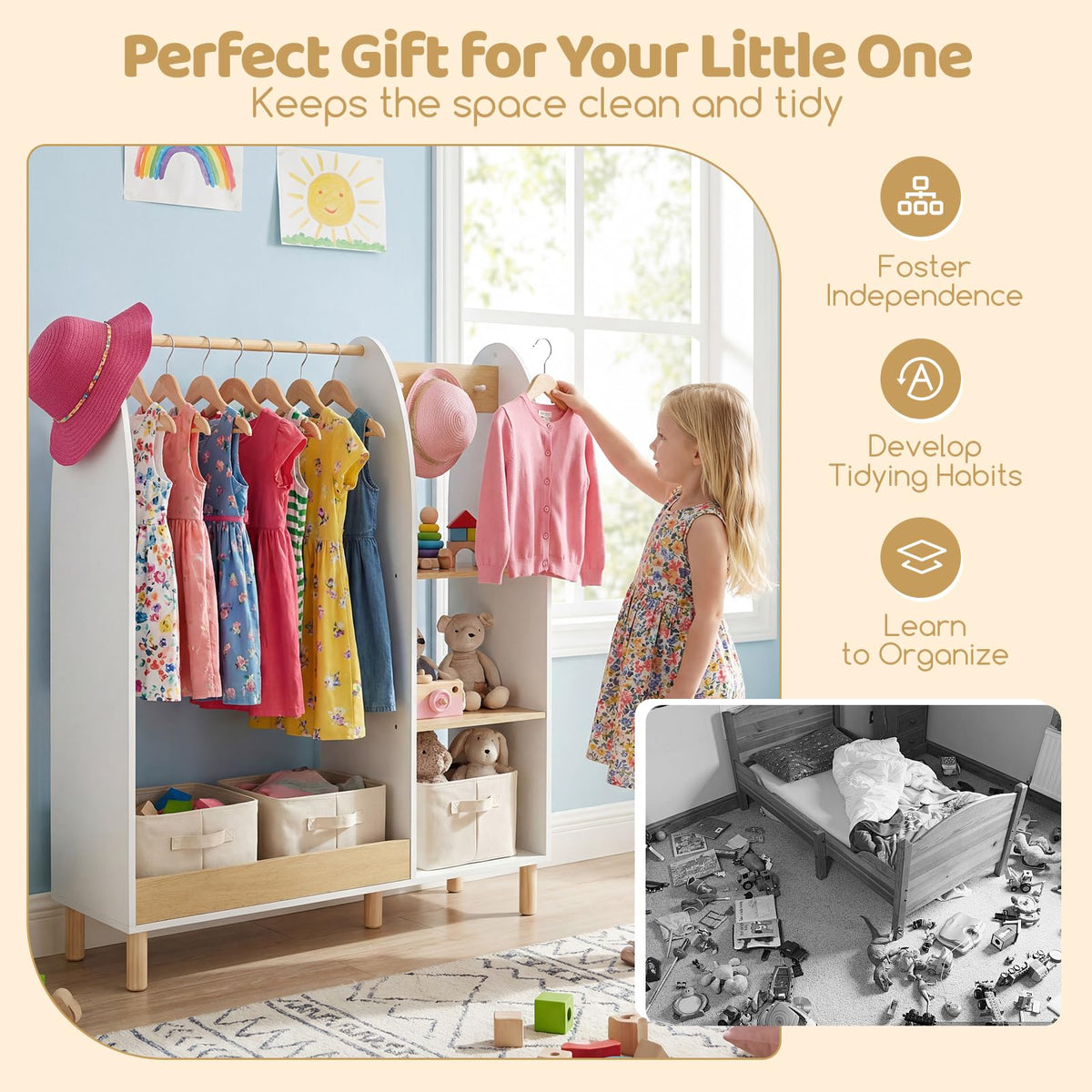 Kids Dress Up Storage with Mirror and Lights, Open Hanging Wardrobe Closet Armoire