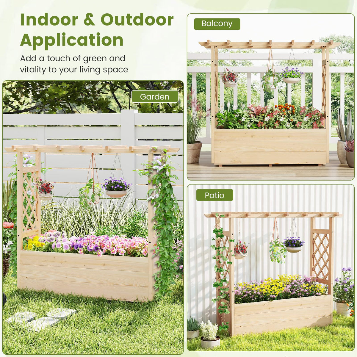 Raised Garden Bed with Trellises, Hanging Roof, Elevated Planter Box