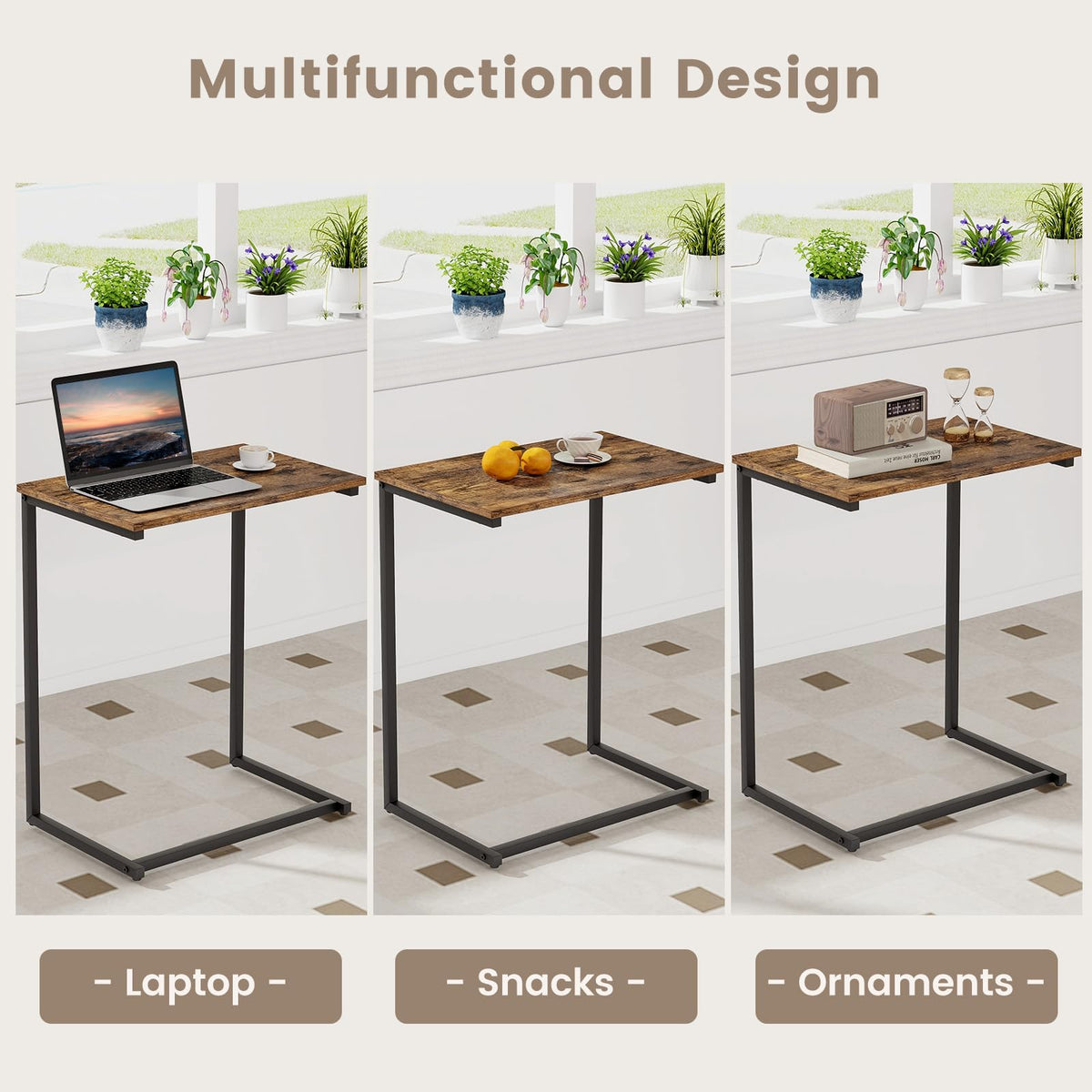 C-Shaped End Table, Vintage Accent Couch Table with Heavy-Duty Metal Frame