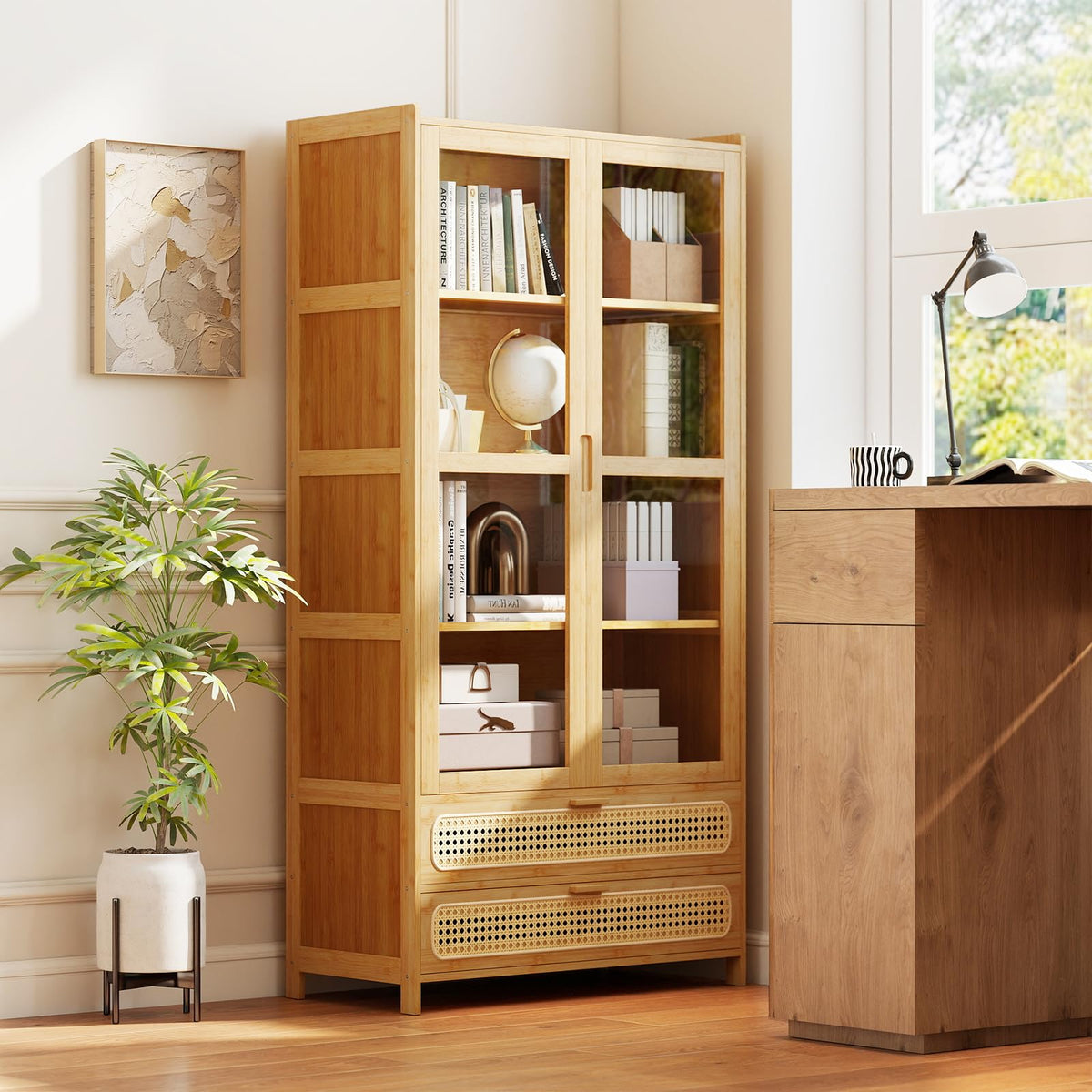 Giantex 138.5 cm Bamboo Bookshelf w/ 2 Acrylic Doors, 4 Shelves & 2 Drawers