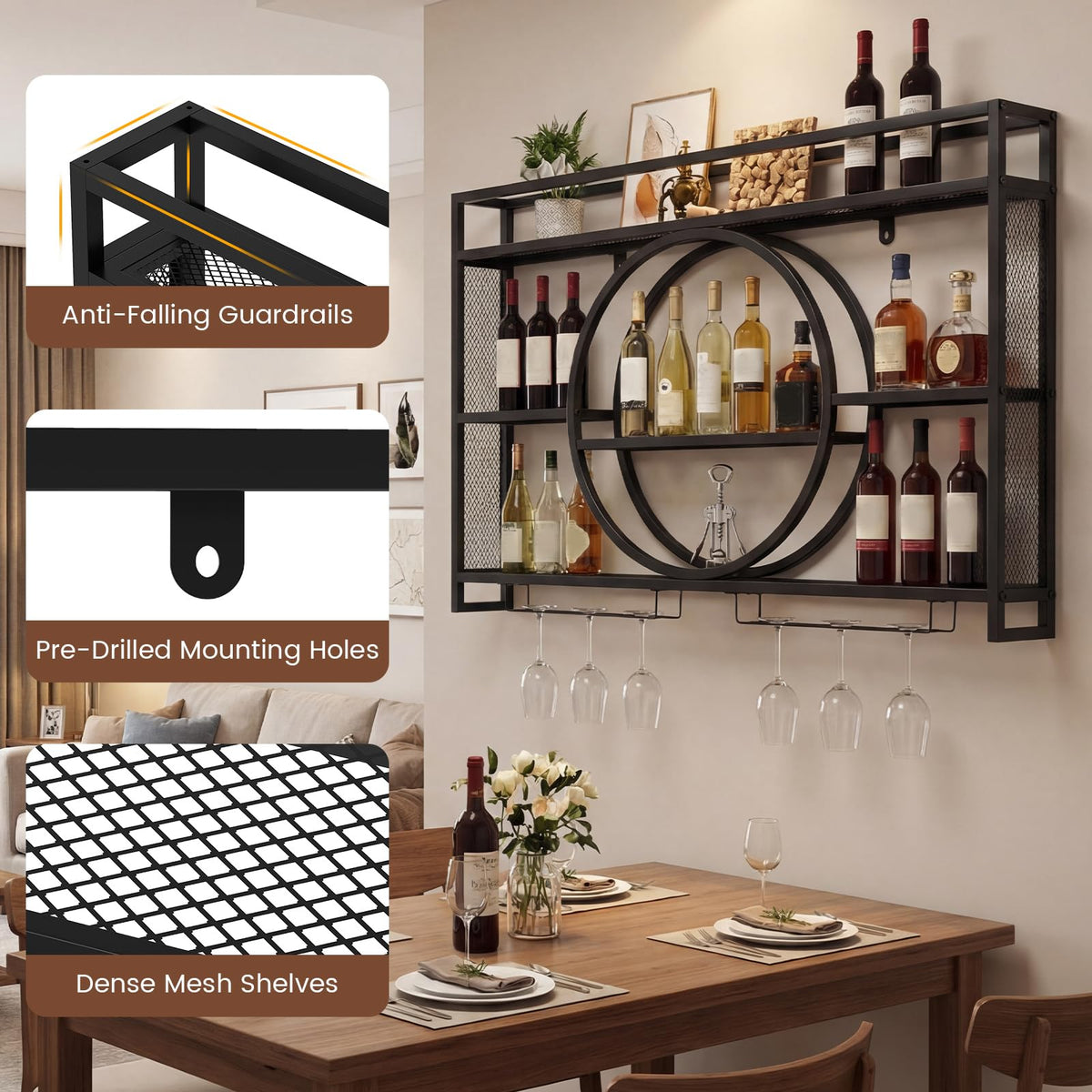 3-Tier Wall Mounted Wine Rack with Glass Holder for Home Bar