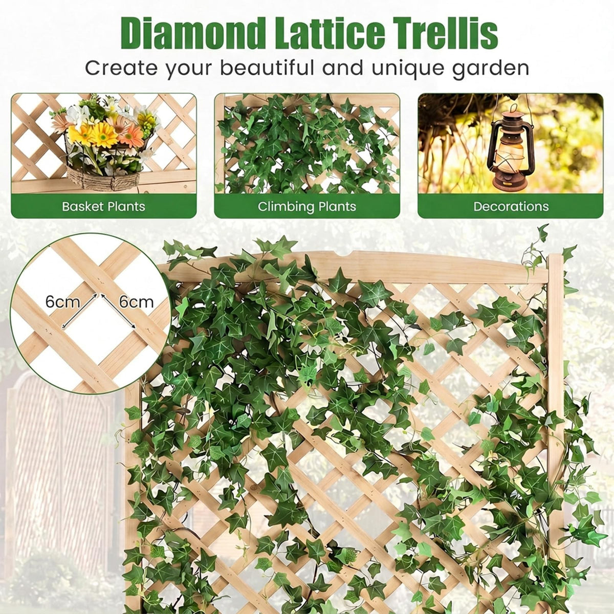 180cm Raised Garden Bed with Diamond Trellis & Drainage Holes for Climbing Plants