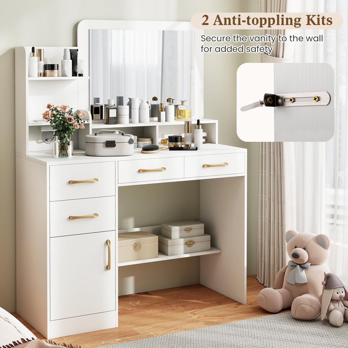 Vanity Desk with Mirror Charging Station USB and Type-C Ports