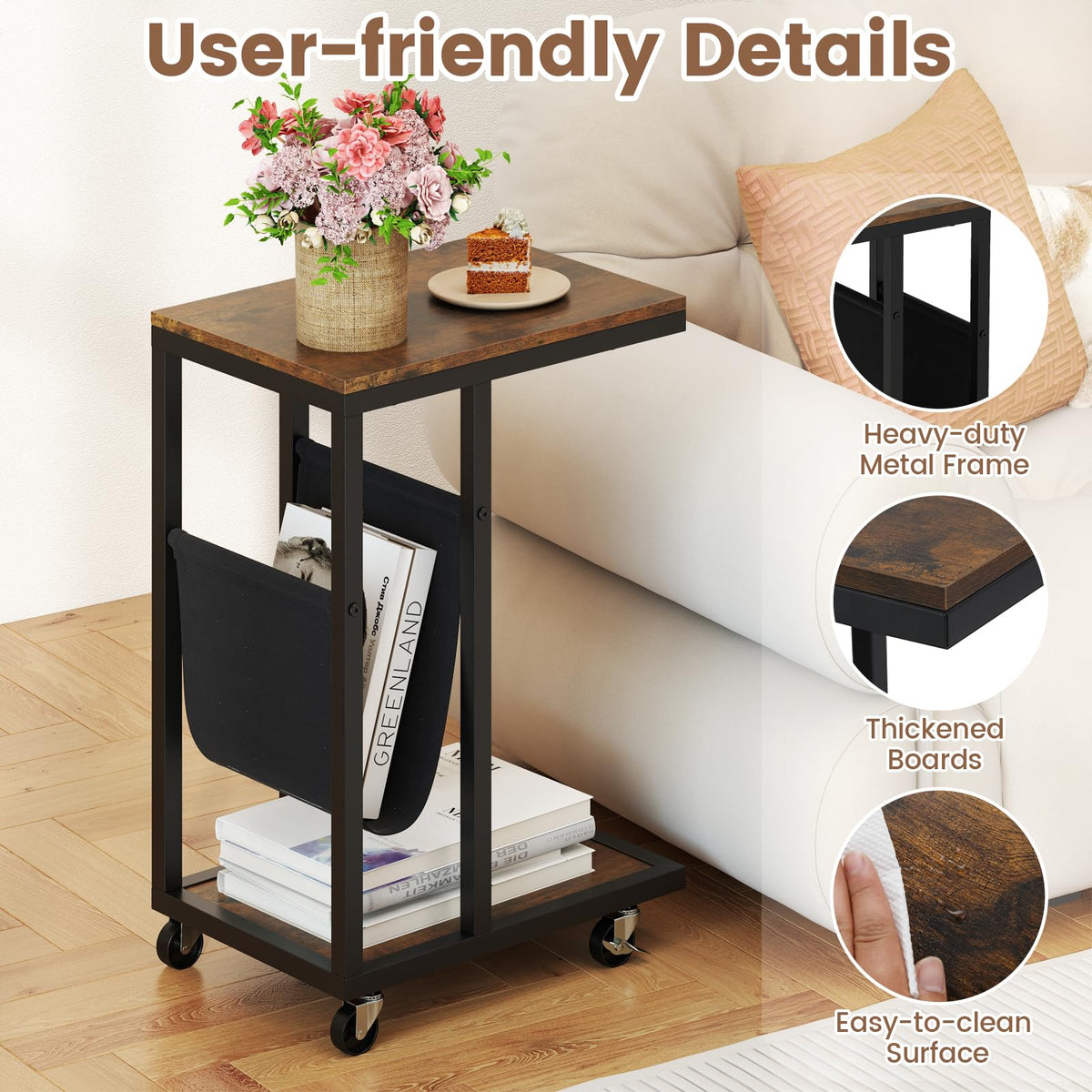 C-Shaped Side Table on Wheels