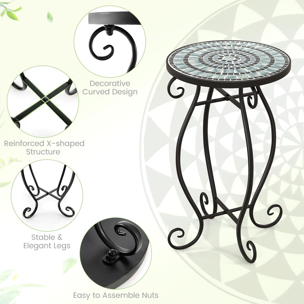 Mosaic Outdoor Side Table with Weather Resistant Ceramic Tile Tabletop