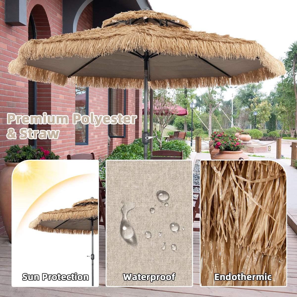 2.7m Thatched Tiki Umbrella, Hawaiian Style Patio Beach Umbrella W/8 Ribs