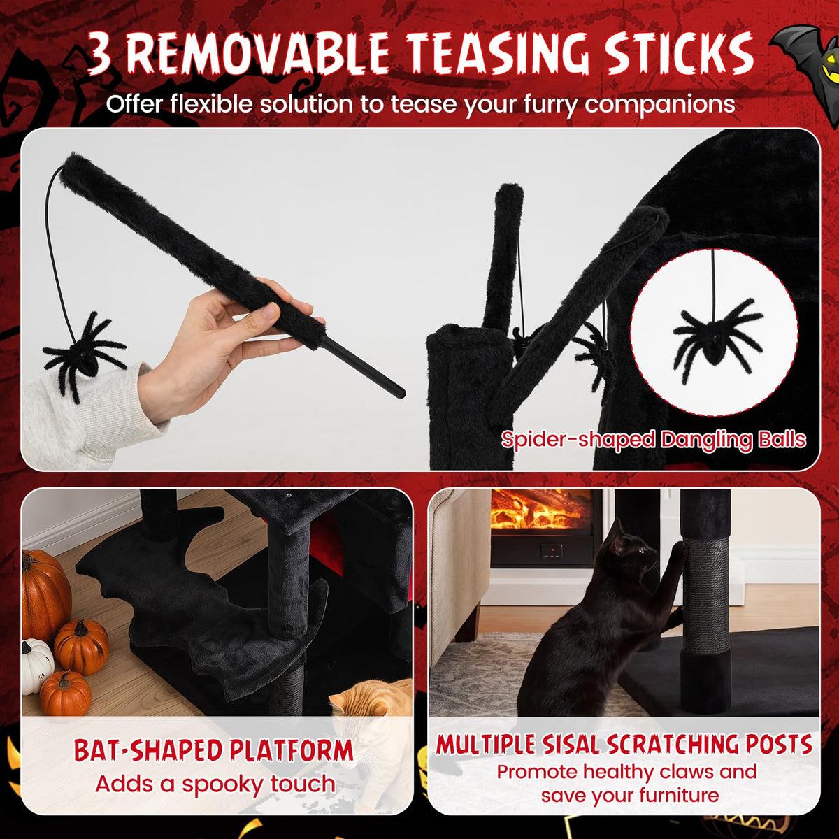 153cm Gothic Cat Tree for Indoor Cats with Castle House and Spider Hanging Balls