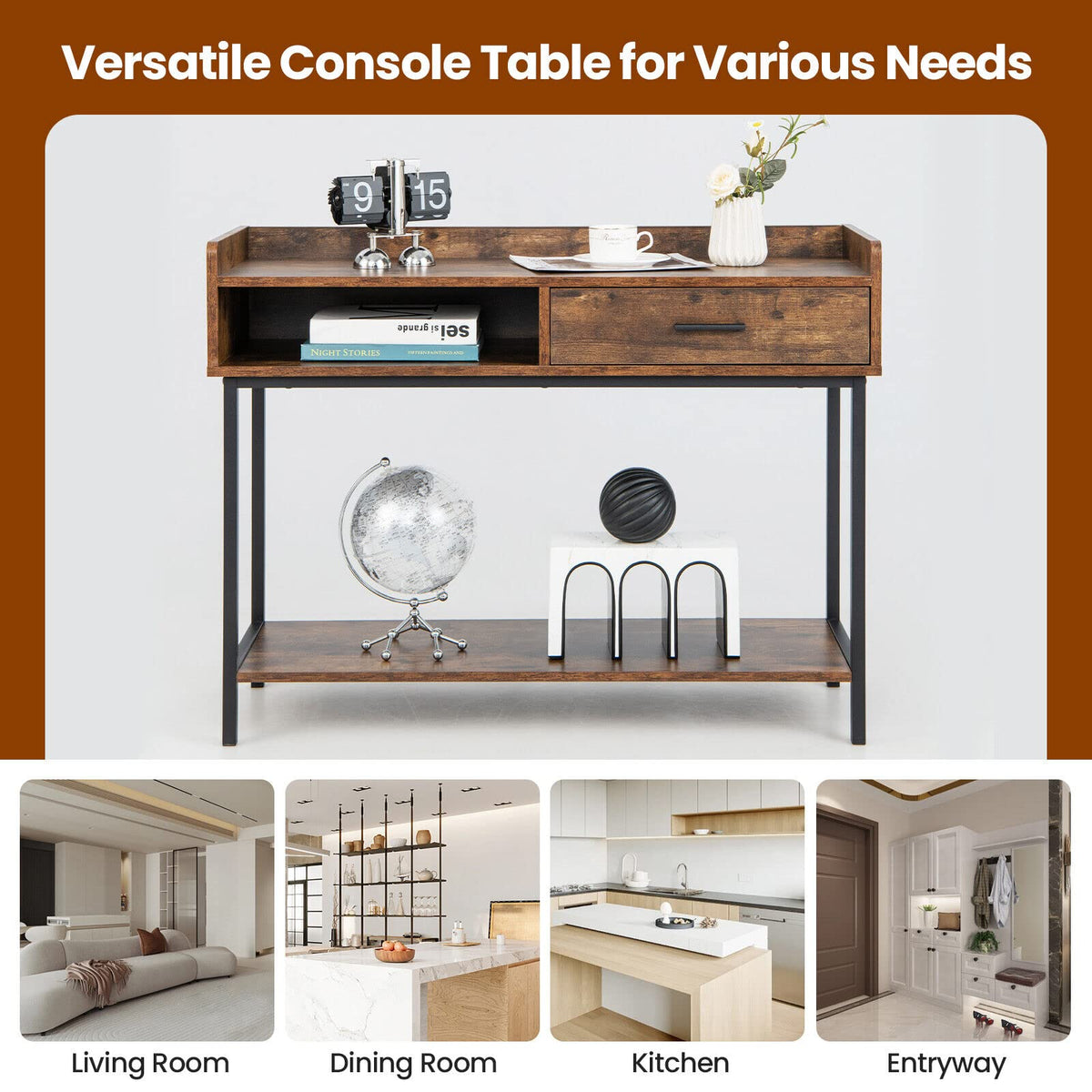 Giantex Long Console Table for Small Space, Couch Side Table with Drawer & Anti-Tipping Kit, Rustic Brown