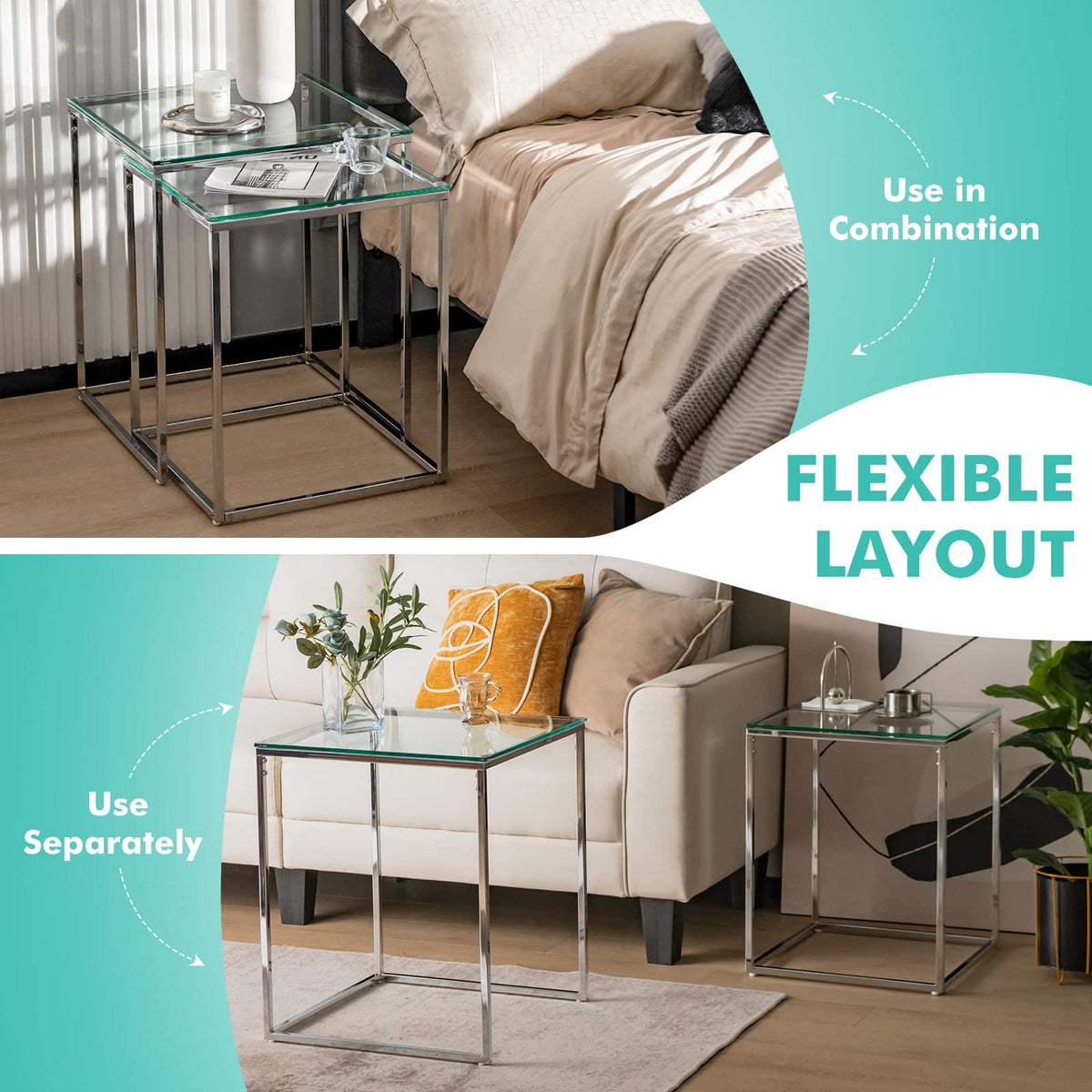 Giantex Nesting Glass Coffee Table Set of 2, Modern Home Coffee Table Set with Tempered Glass Top & Metal Frame