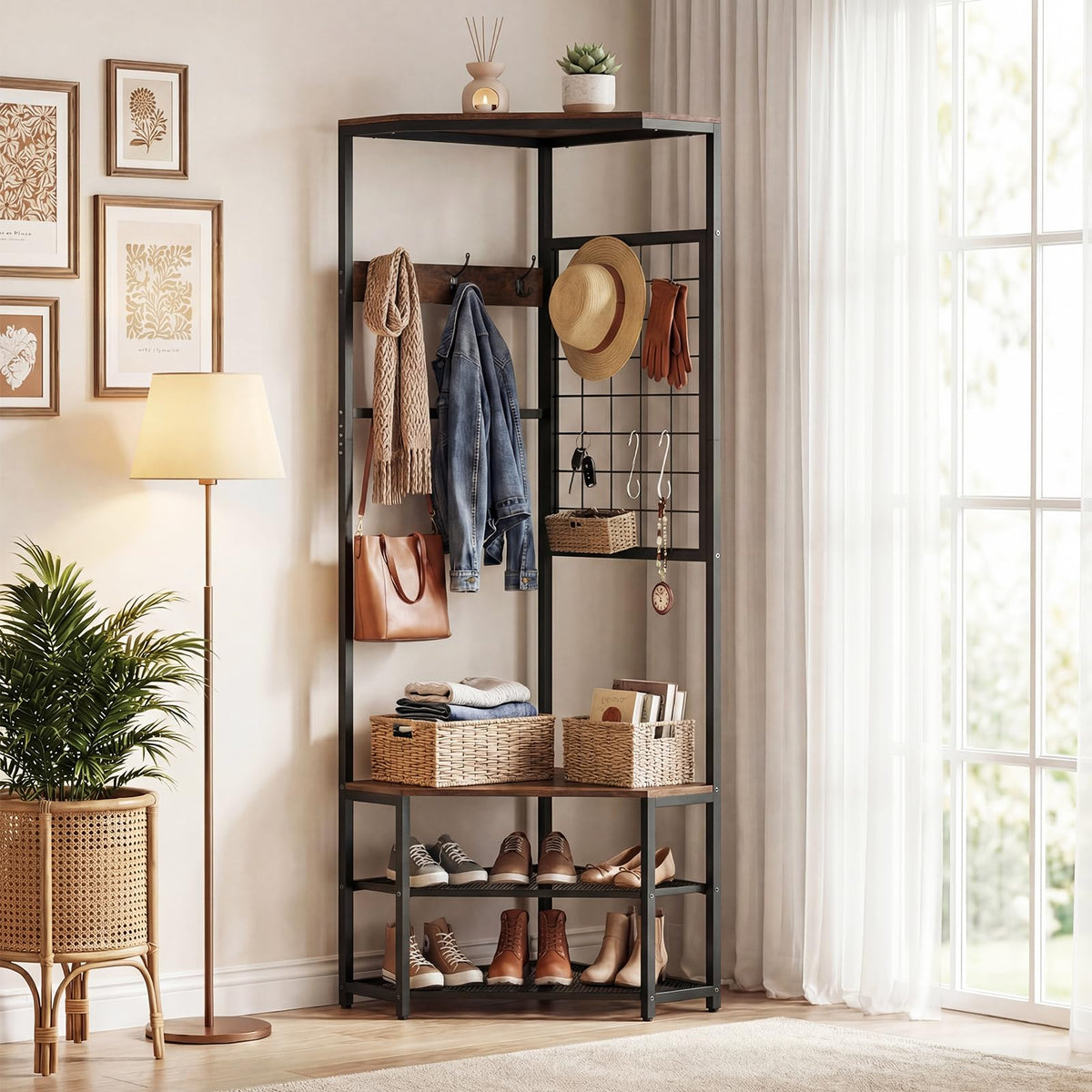 Freestanding Coat Rack with Storage Shelves and Shoe Racks