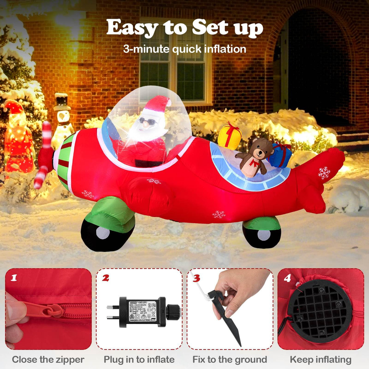 2.2m Christmas Inflatables Airplane with Gift Boxes and Built-in LED Lights