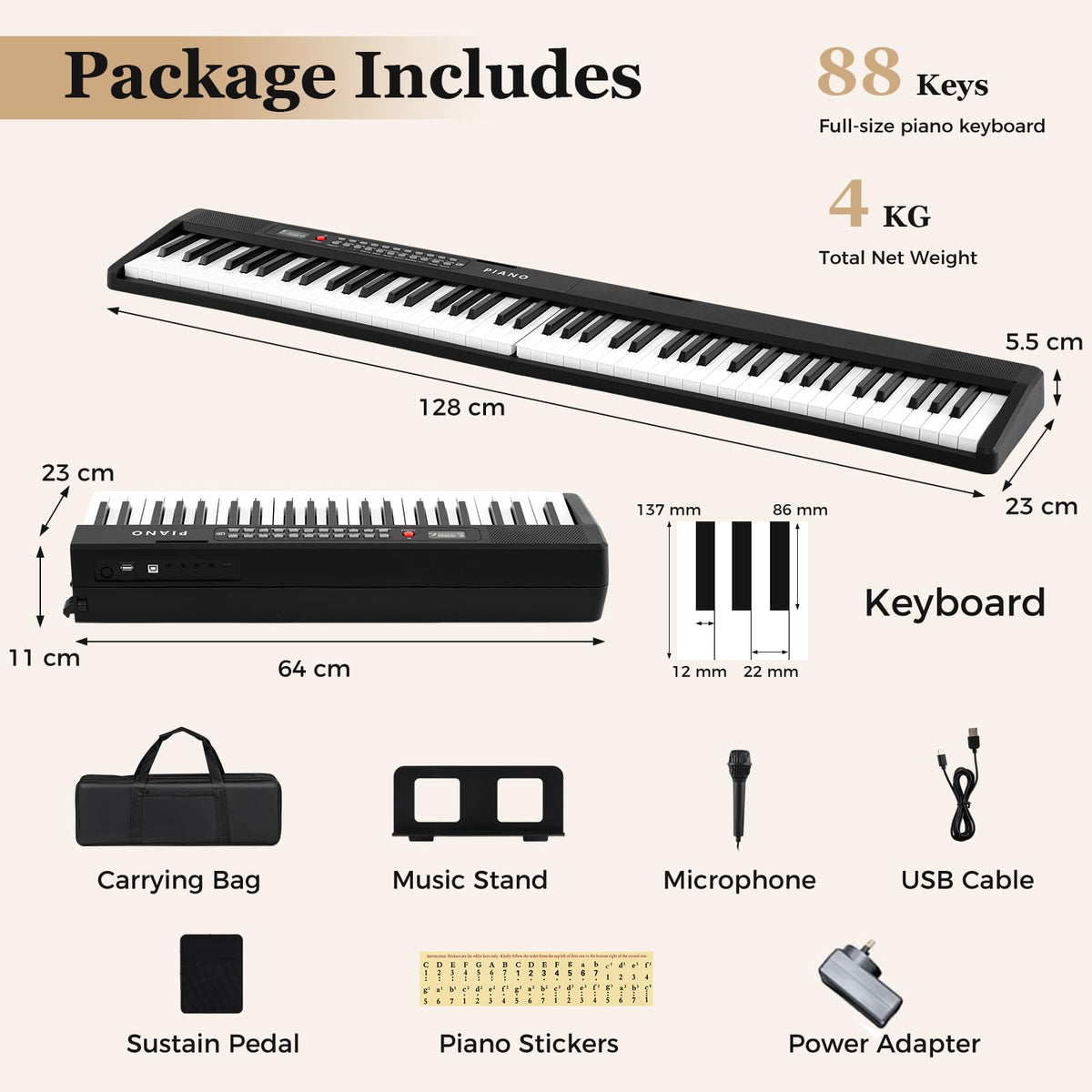 88 Key Foldable Piano Keyboard Portable Full Size Semi Weighted Electric Piano with MIDI Wireless Connection