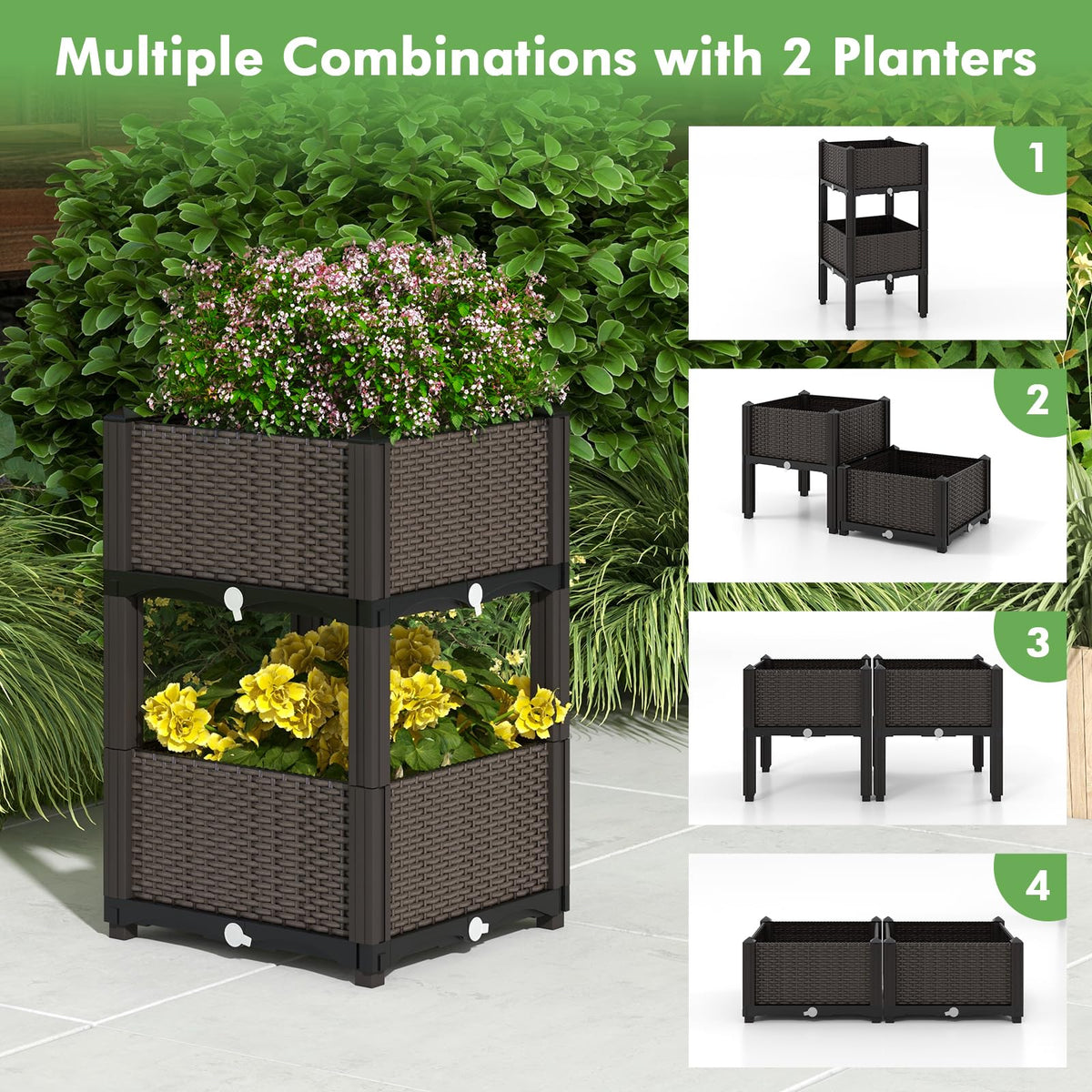 Set of 2 Raised Planter Boxes with Self-Watering System
