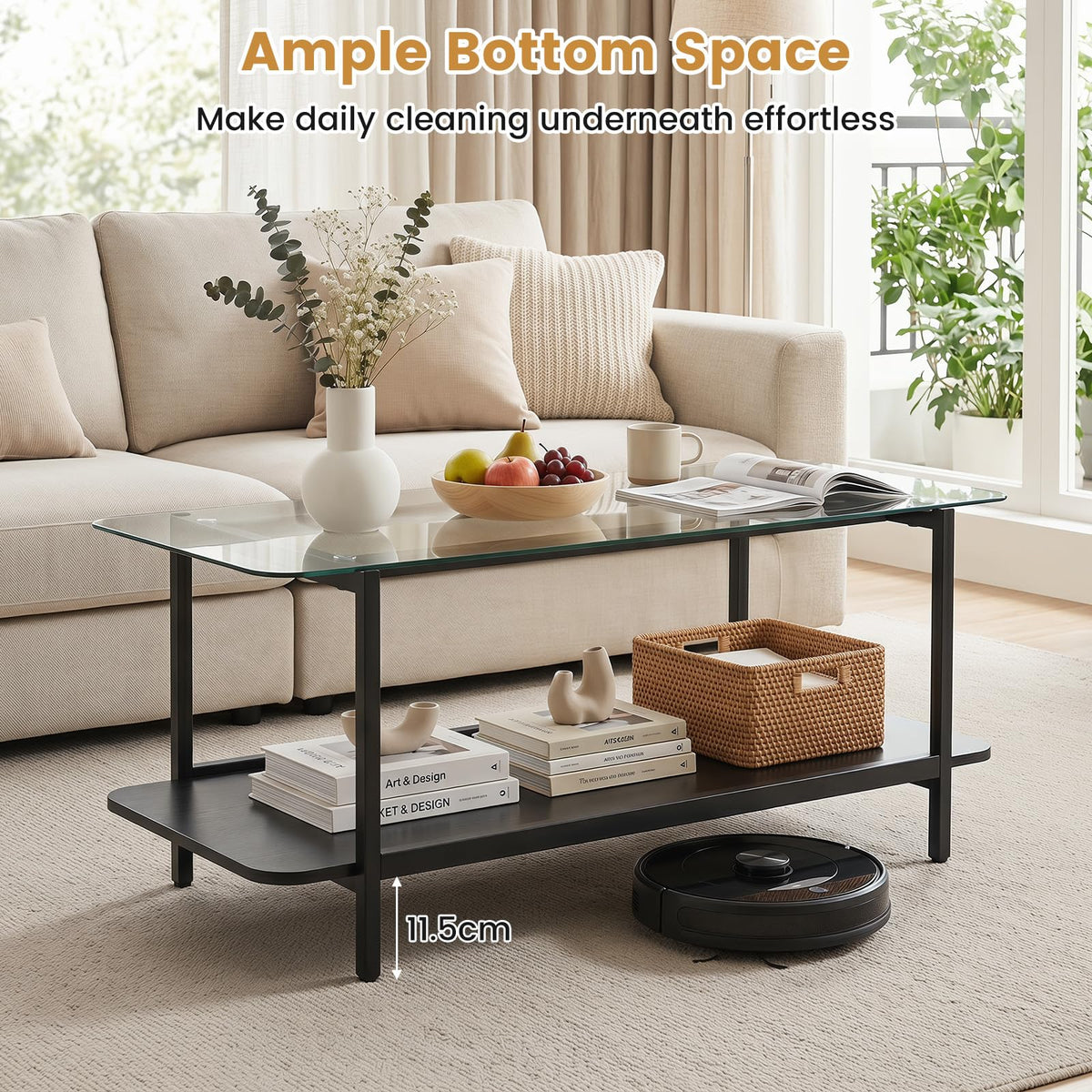 2-Tier Tempered Glass Coffee Table 95cm with Storage Shelf for Living Room
