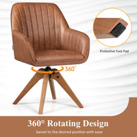 360° Swivel Accent Chair, Upholstered Armchair w/High-Density Sponge, Solid Wood Legs, PU Leather, Brown