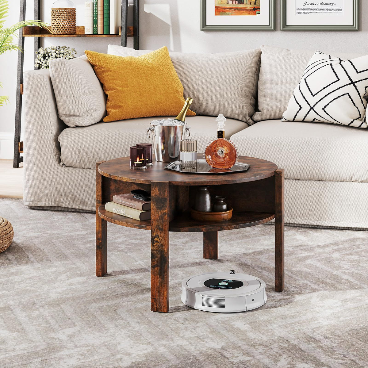 2-Tier Round Coffee Table w/Storage, 75 cm Tea Cocktail Table w/ 4 Shelves