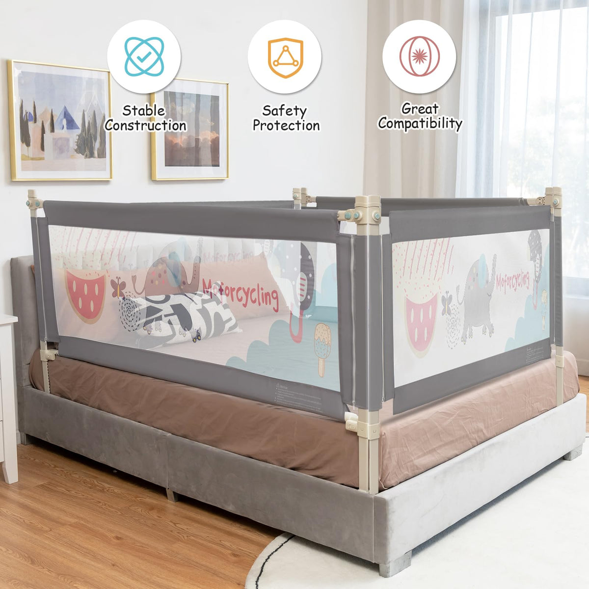 176CM Toddler Bedrail, 72.5-101.5 CM Extra Tall Bed Guardrail w/Anti-Collision Cotton & Side Pocket