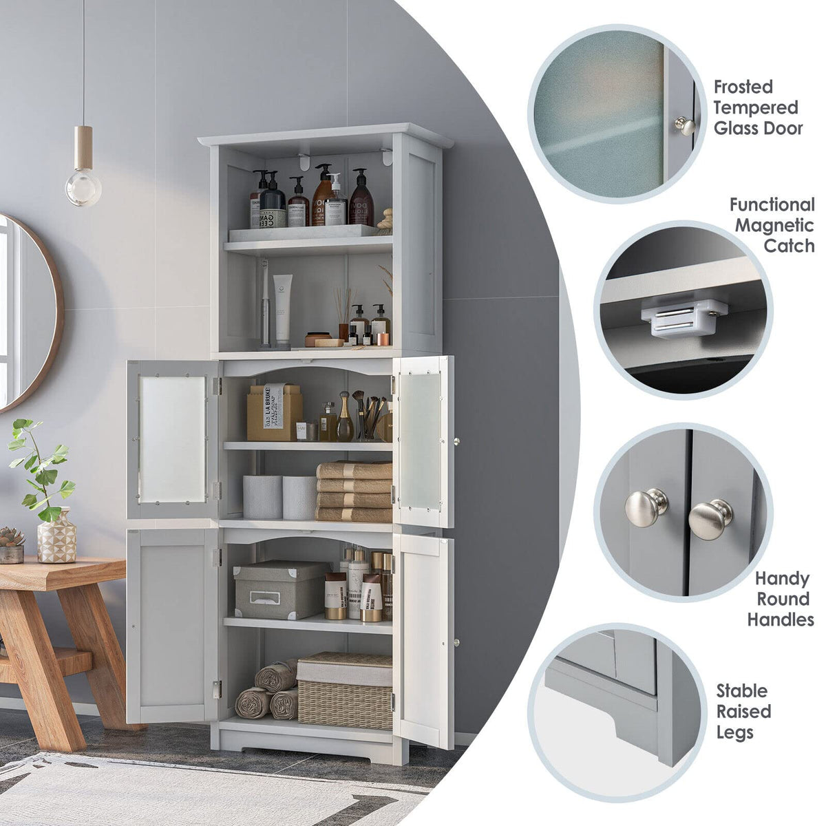 Giantex Freestanding Bathroom Storage Cabinet, Kitchen Pantry Cupboard with Glass Doors, White