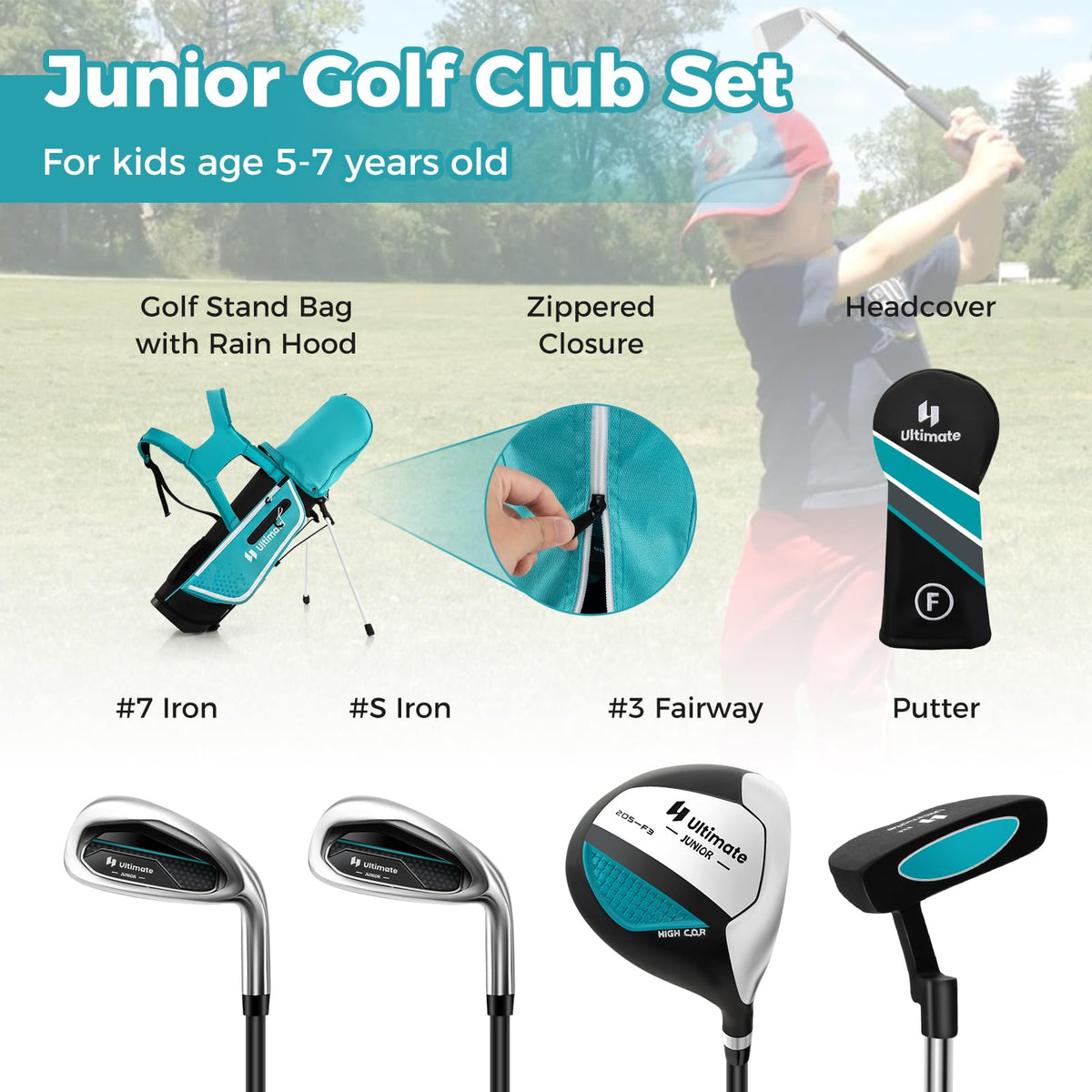 Junior Complete Golf Club Set, Golf Club Practice Set Lightweight Stand Bag w/Rain Hood, Right Hand