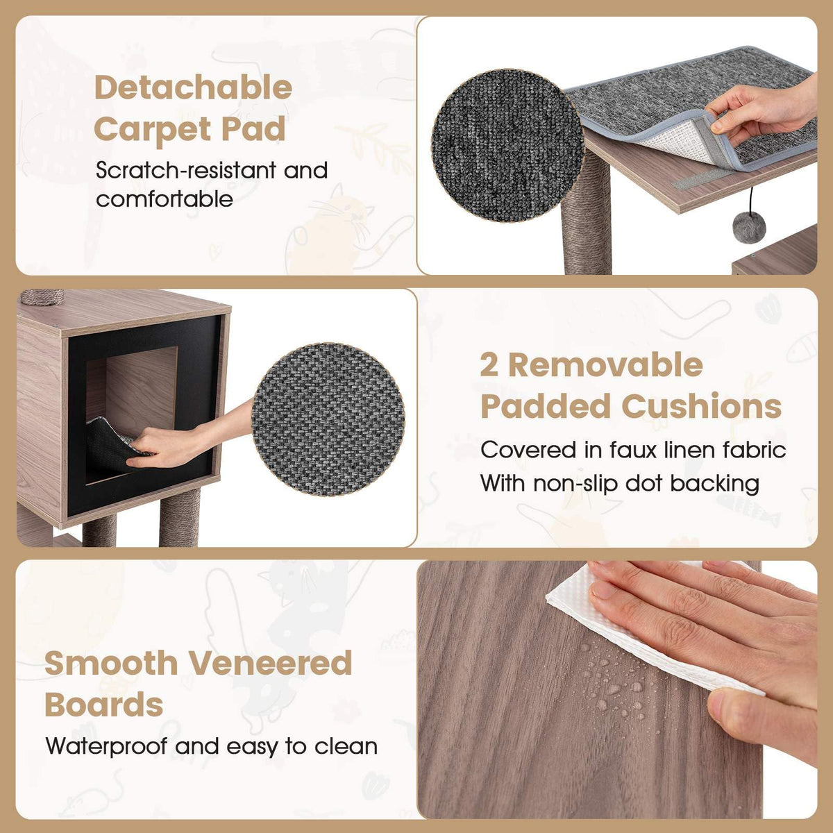 Modern Cat Tree with Sisal Scratching Posts and Removable Cushions