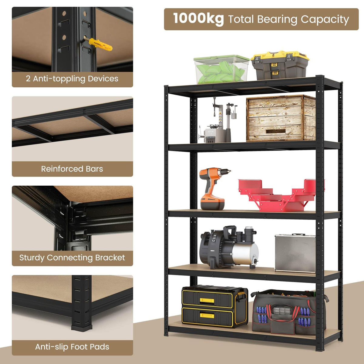 5-Tier Heavy Duty Metal Shelving Unit Adjustable Garage Storage Utility Shelves