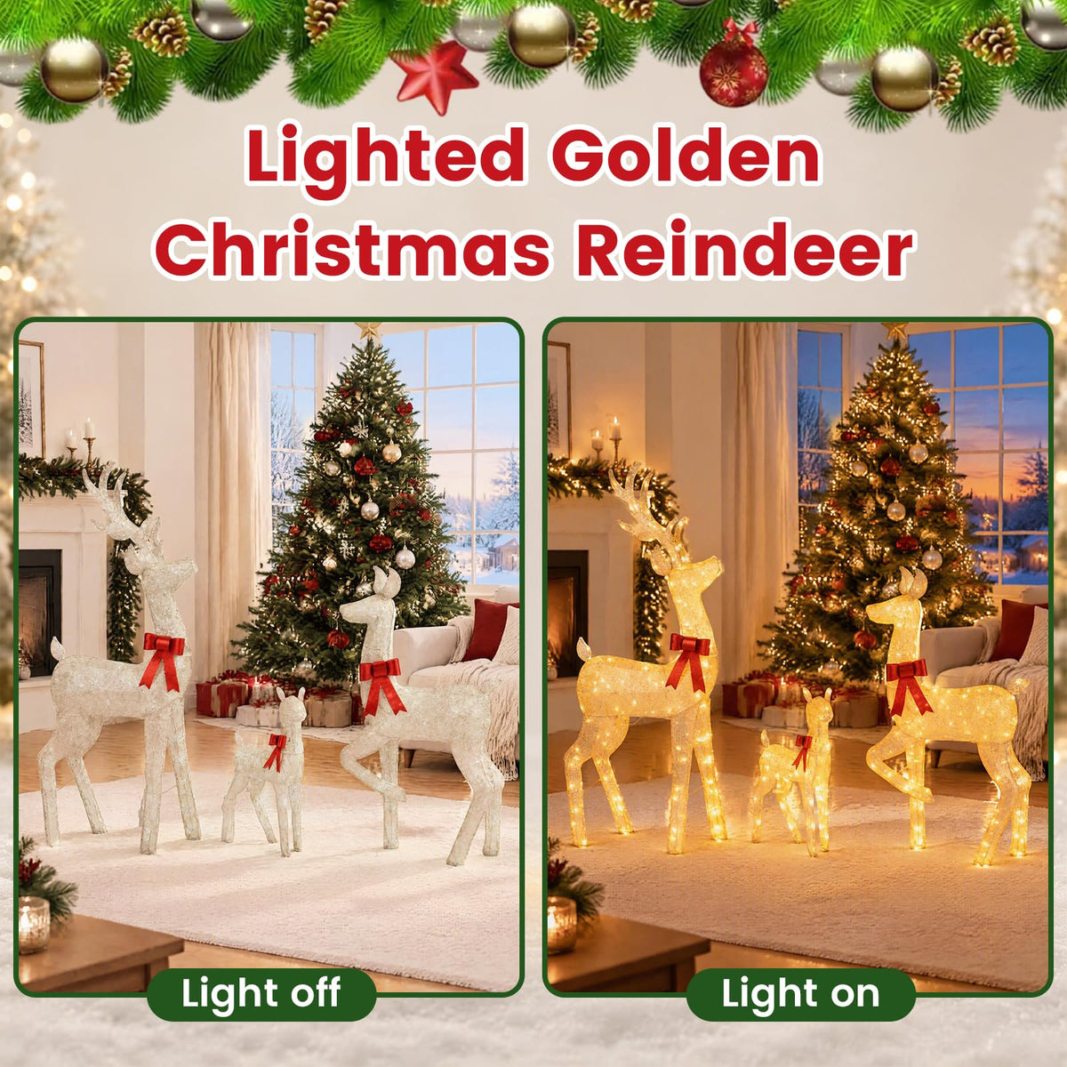 3-Piece Lighted Golden Christmas Reindeer Family Set with 280 Warm Yellow LED Lights