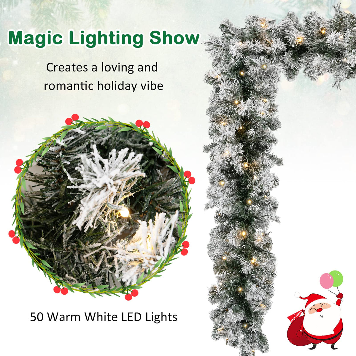 270CM Flocked Christmas Rattan with Timer & LED Lights for Mantle