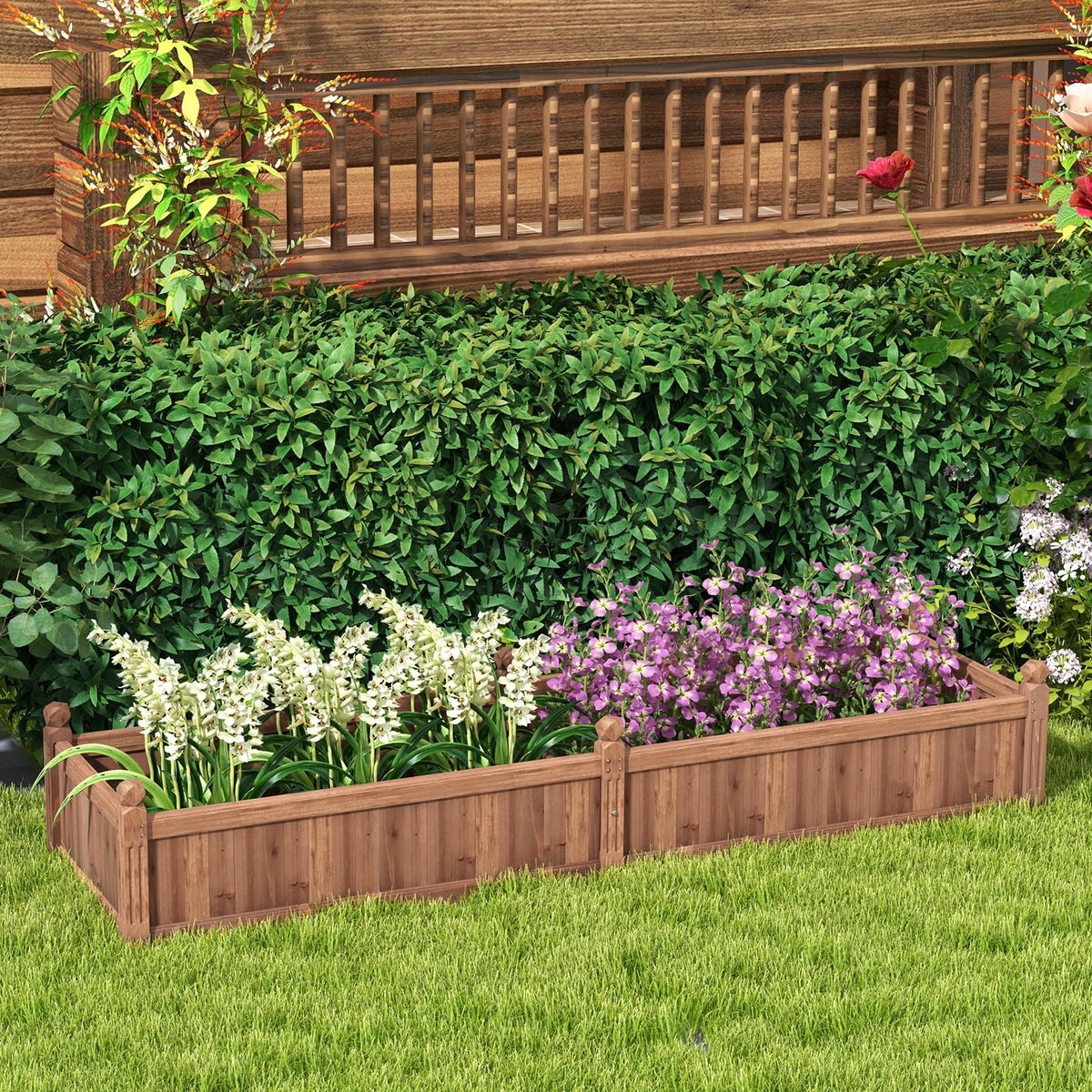 Wood Raised Garden Bed, 230 x 59 x 40 CM Divisible Planter Box w/Corner Drainage & Non-Woven Liner for Growing Vegetables