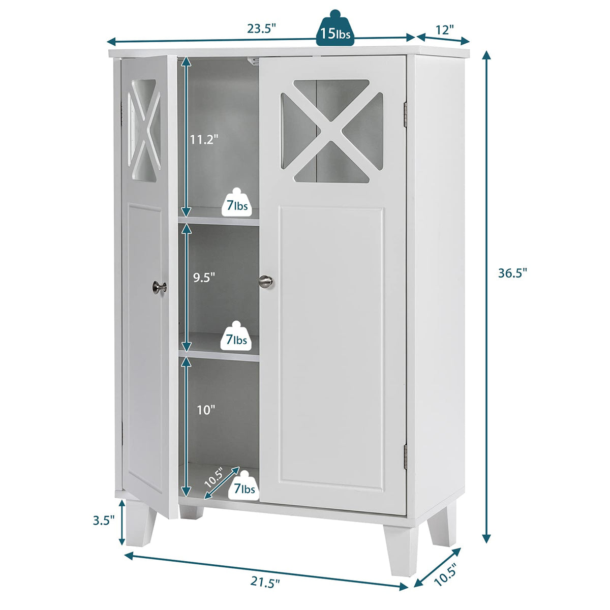 Giantex Bathroom Floor Cabinet, Floor Storage Cabinet with Adjustable Shelf, Visible Windows, 2 Doors, 1 Stationary Shelf White