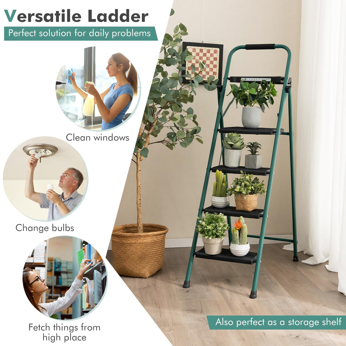 Folding Step Ladder, 4-Step Ladder w/Tool Tray, Non-Slip Footpads & Pedals