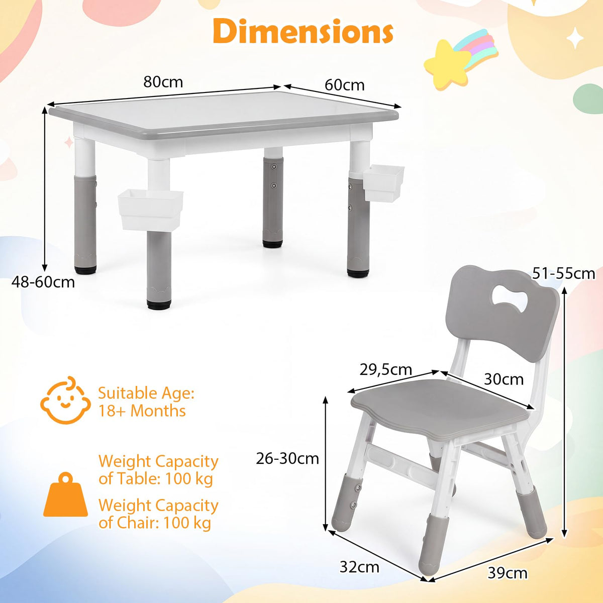 Kids Table and 4 Chairs Set, Height Adjustable Toddler Desk and Chair Set
