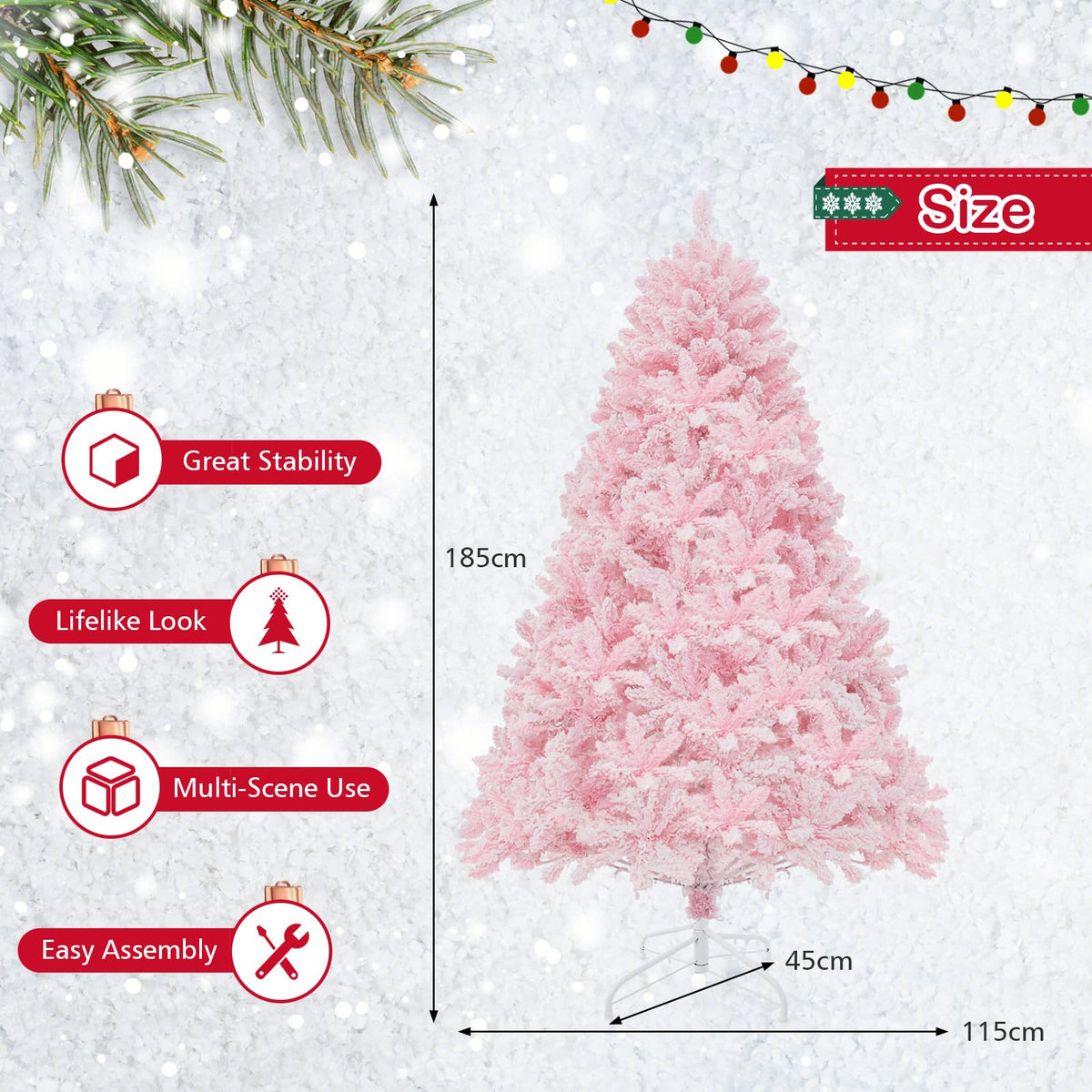 1.85m/2.1m Pink Snow Flocked Christmas Tree Artificial w/ 8 LED Lighting Modes