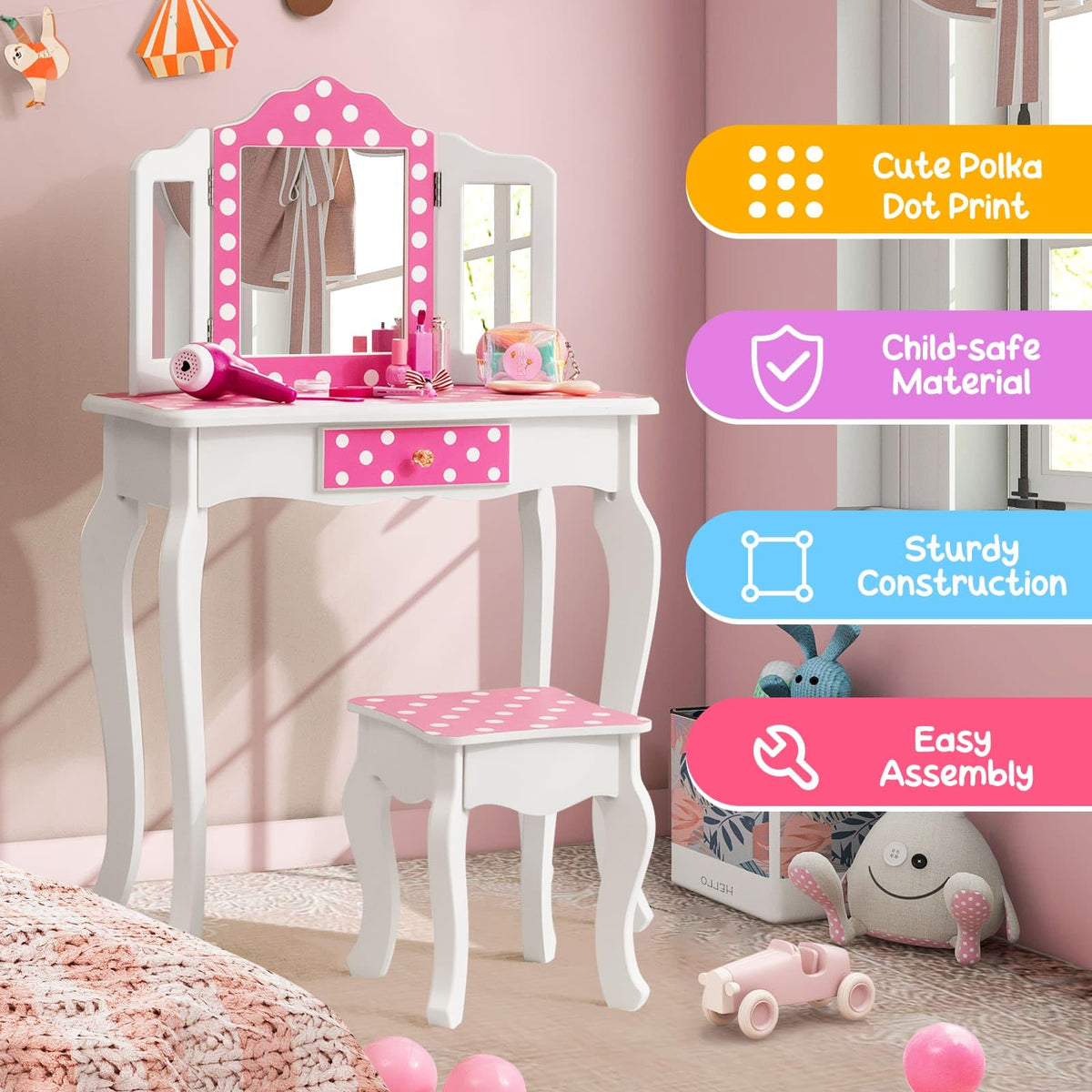 Kids Vanity Set with Tri-folding Mirror, Drawer and Stool