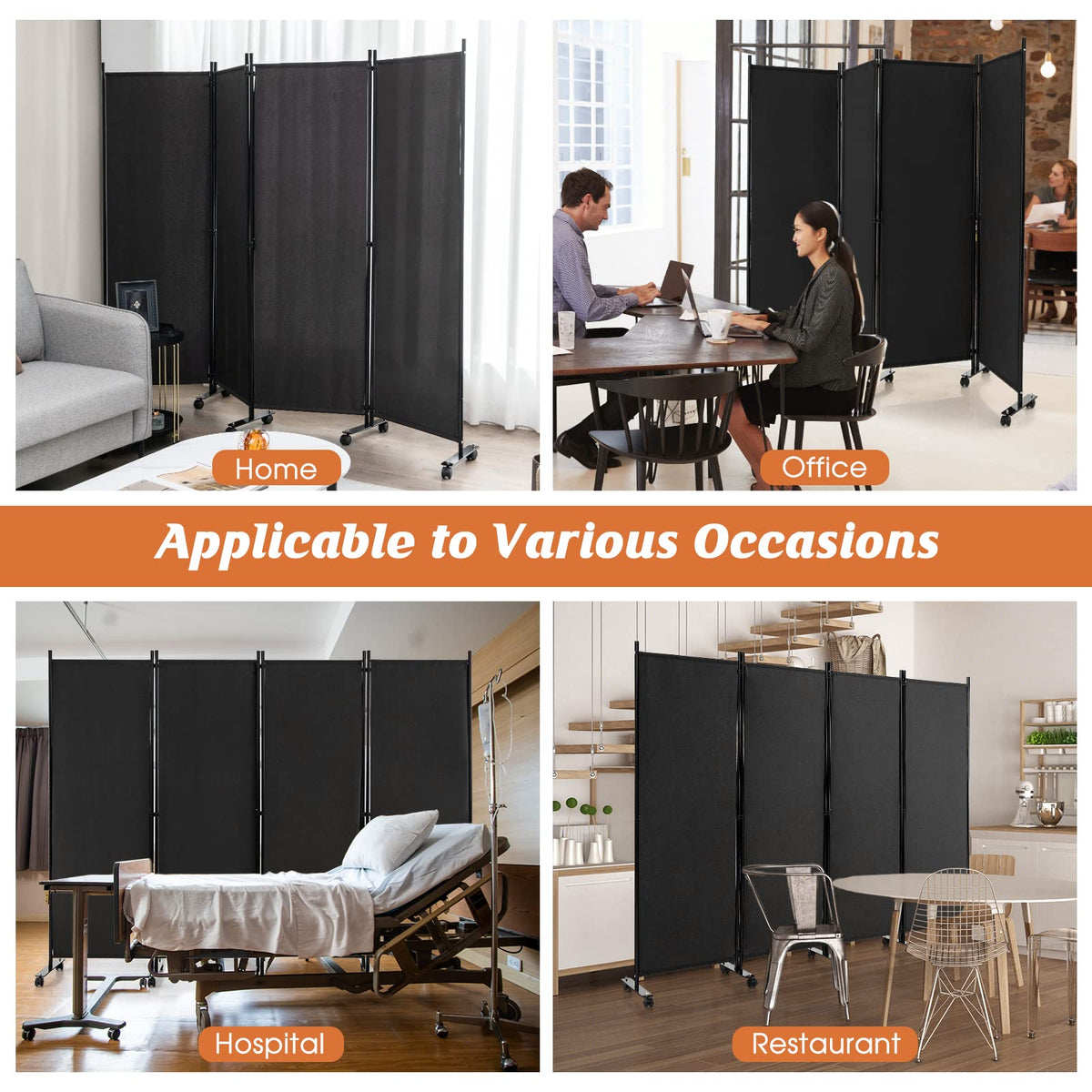 Giantex 4-Panel Folding Room Divider, 1.73m Rolling Privacy Screen with Lockable Wheels