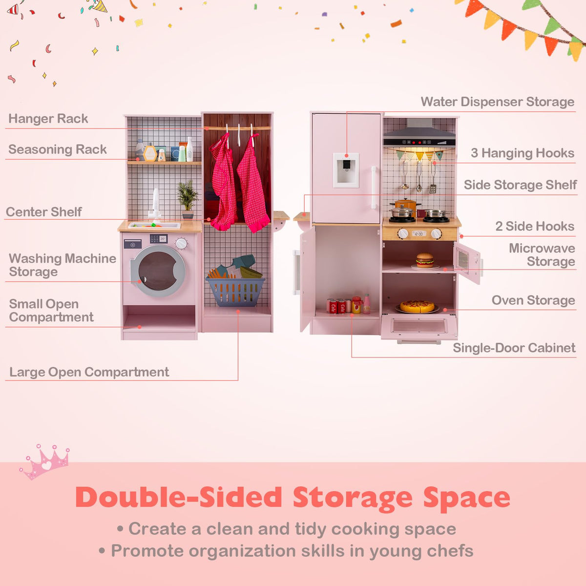 Dual-Sided Kids Play Kitchen, Wooden Kitchen Playset w/Water Dispenser