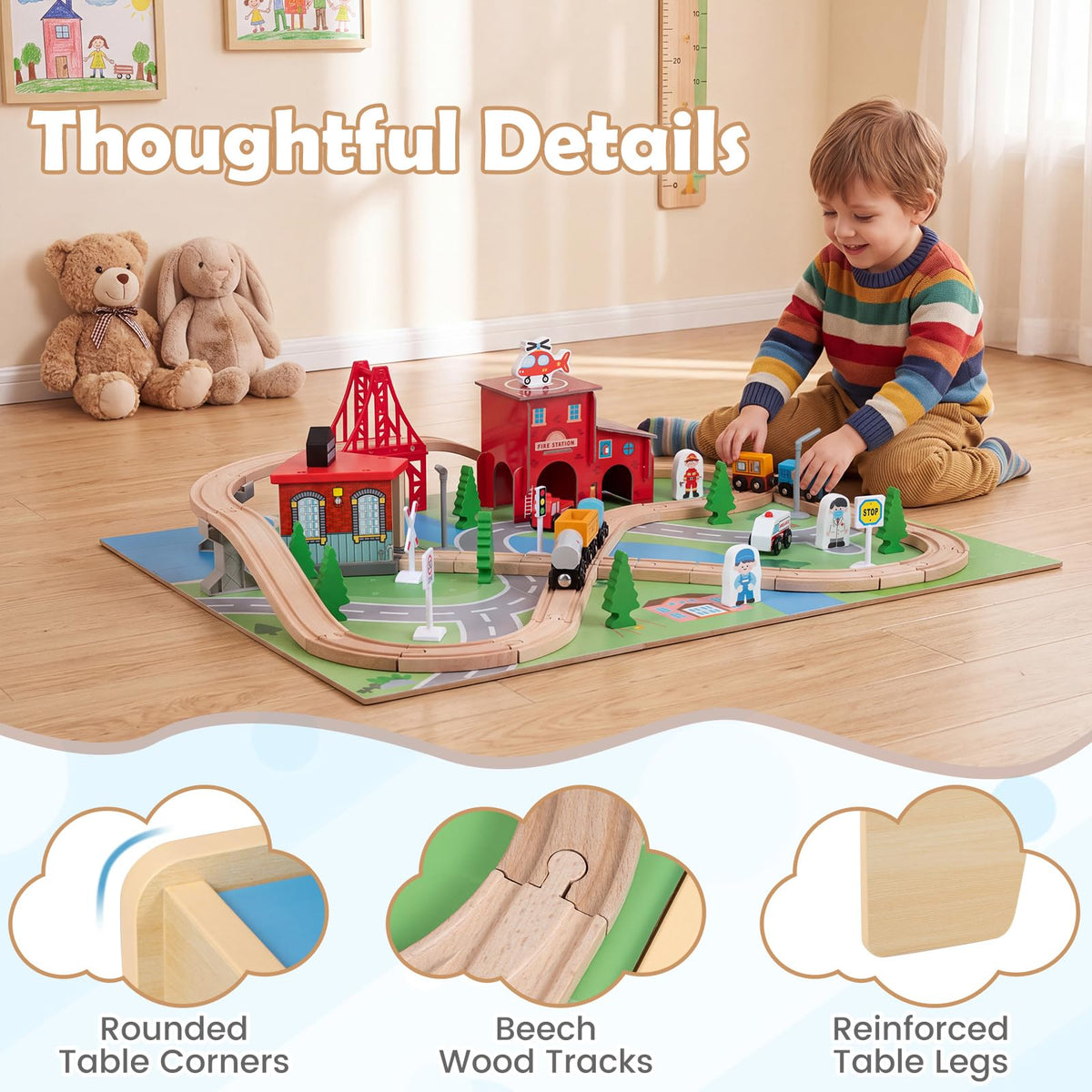 63-Piece Kids Wooden Train Table with Storage Drawer for Game Room
